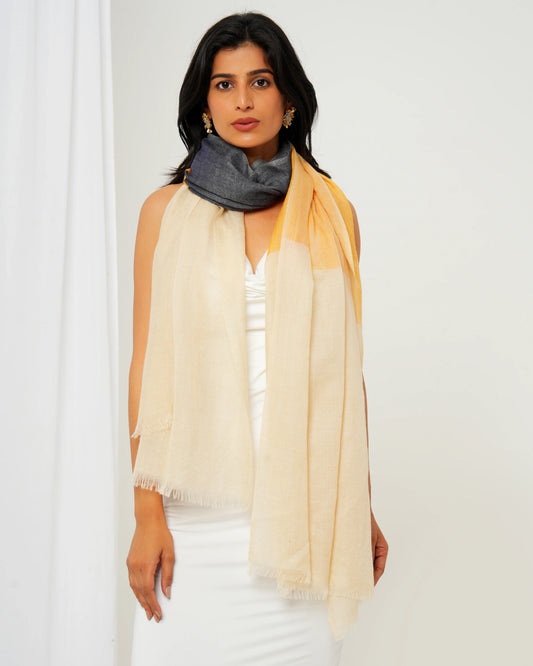 Cashmere stole with cream base, and grey and yellow highlights