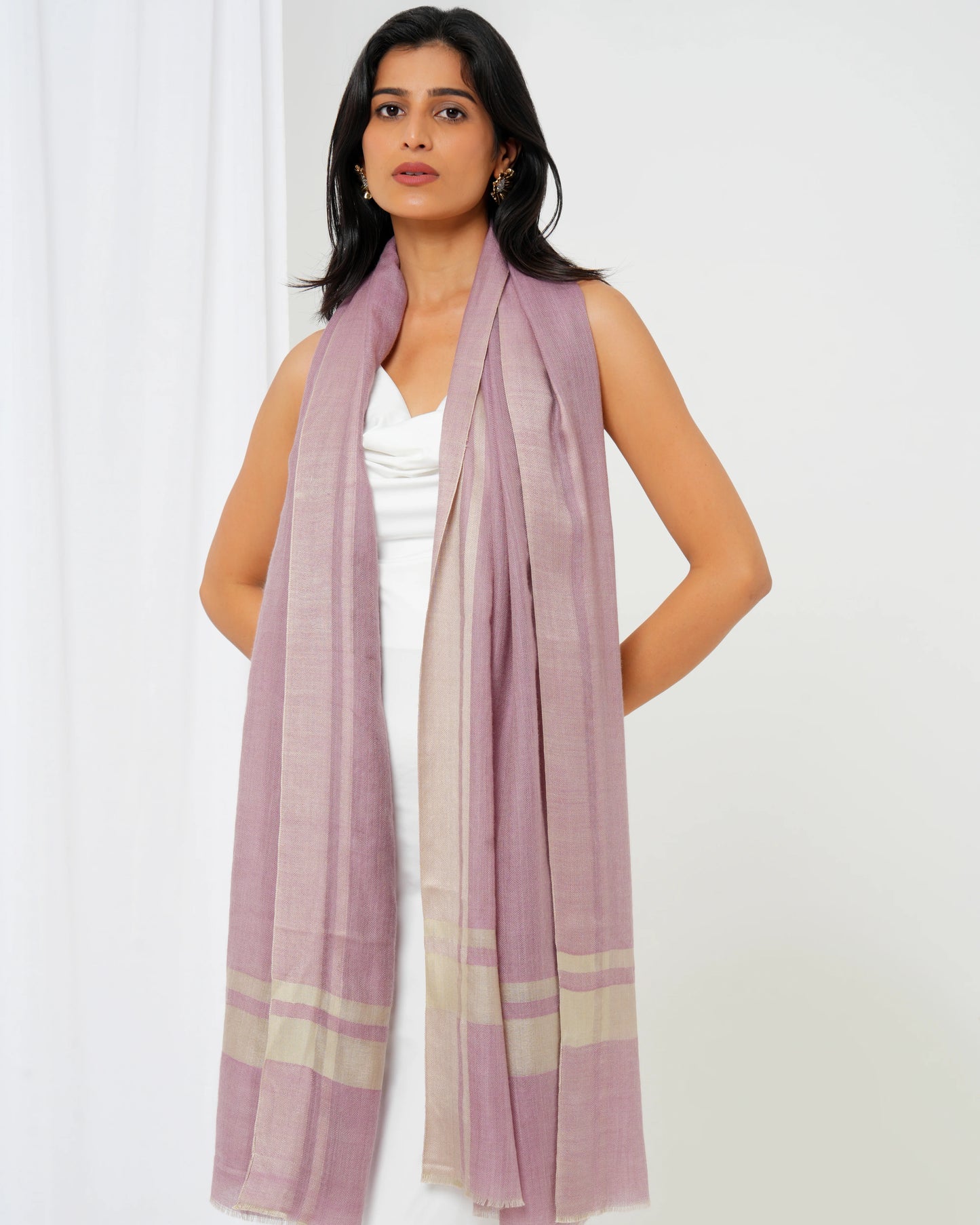 Cashmere stole with pink base and cream stripes