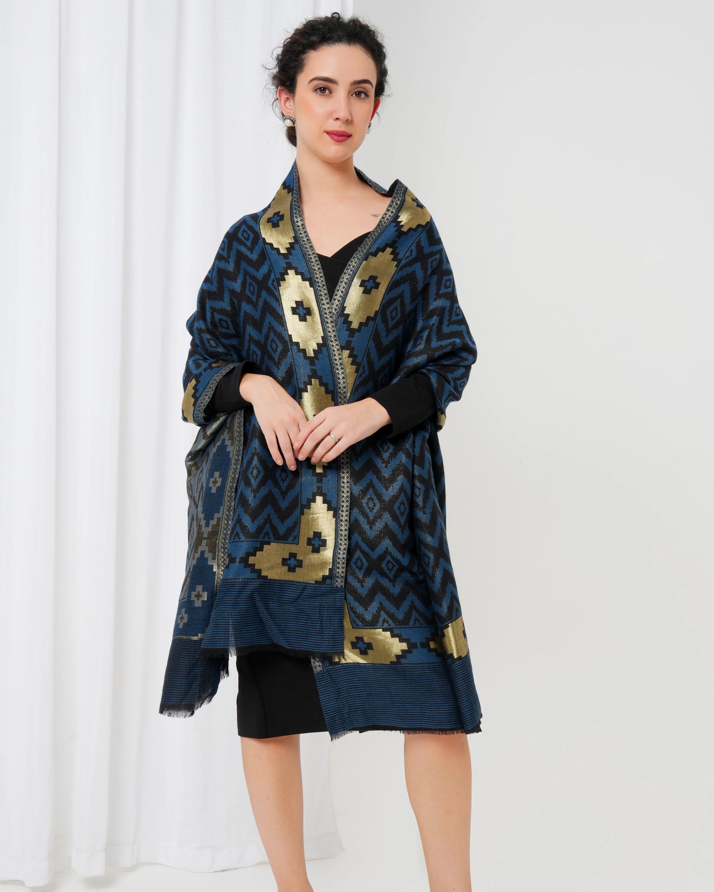 Wool stole with navy blue base with black diamond design