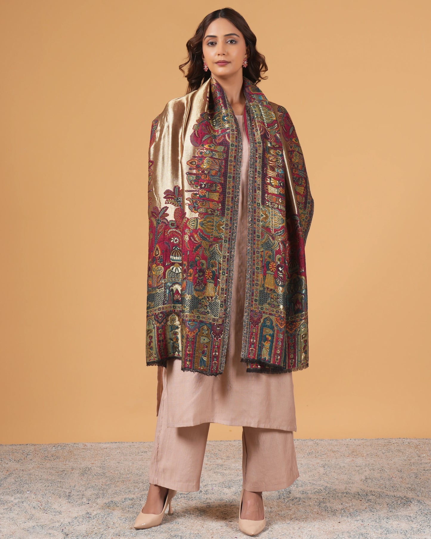Golden Base Woollen Stole with Multicolor Pattern