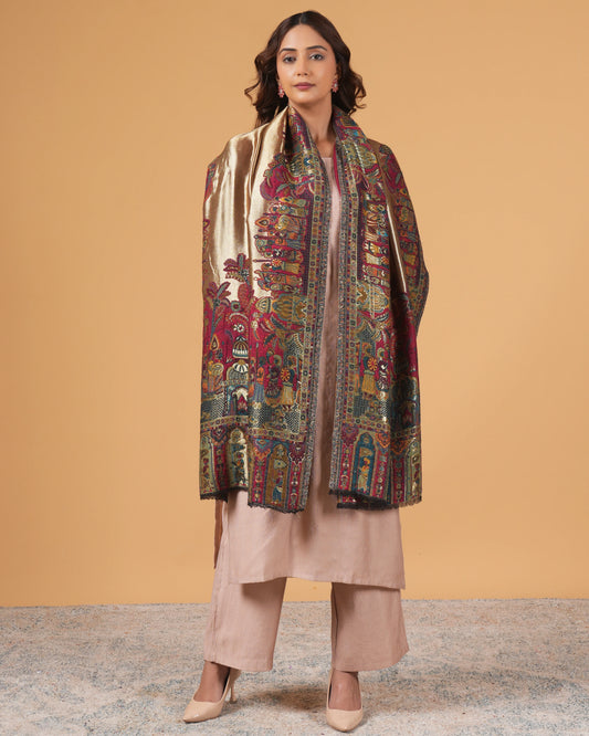 Golden Base Woollen Stole with Multicolor Pattern