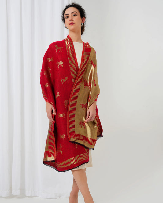 Woolen stole in gold and maroon with horse motifs