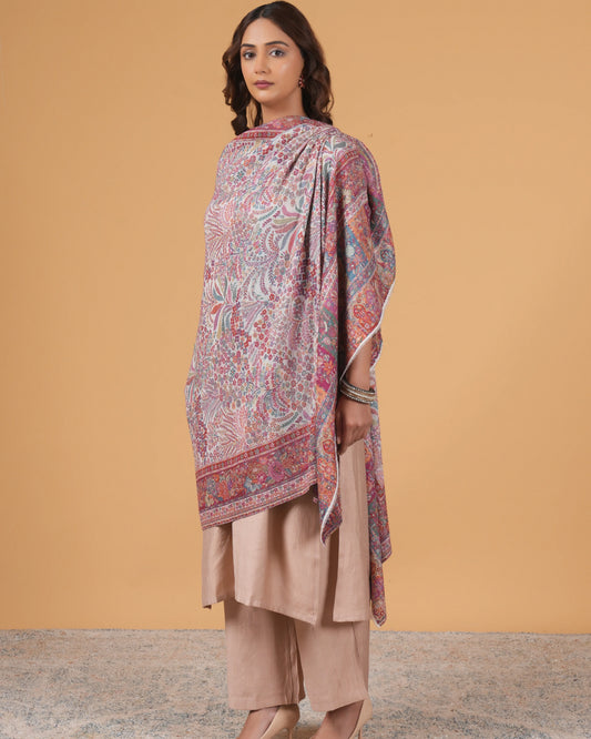 White Base Woollen Shawl with Maroon Floral Border
