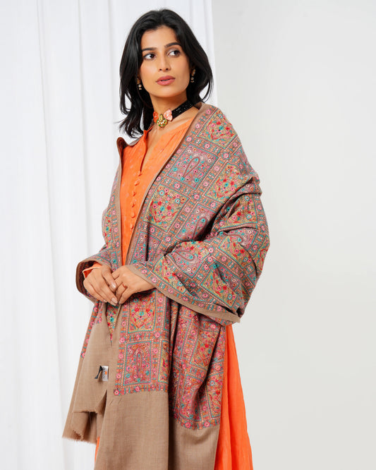 Wool shawl with brown base and full-size multi-coloured print