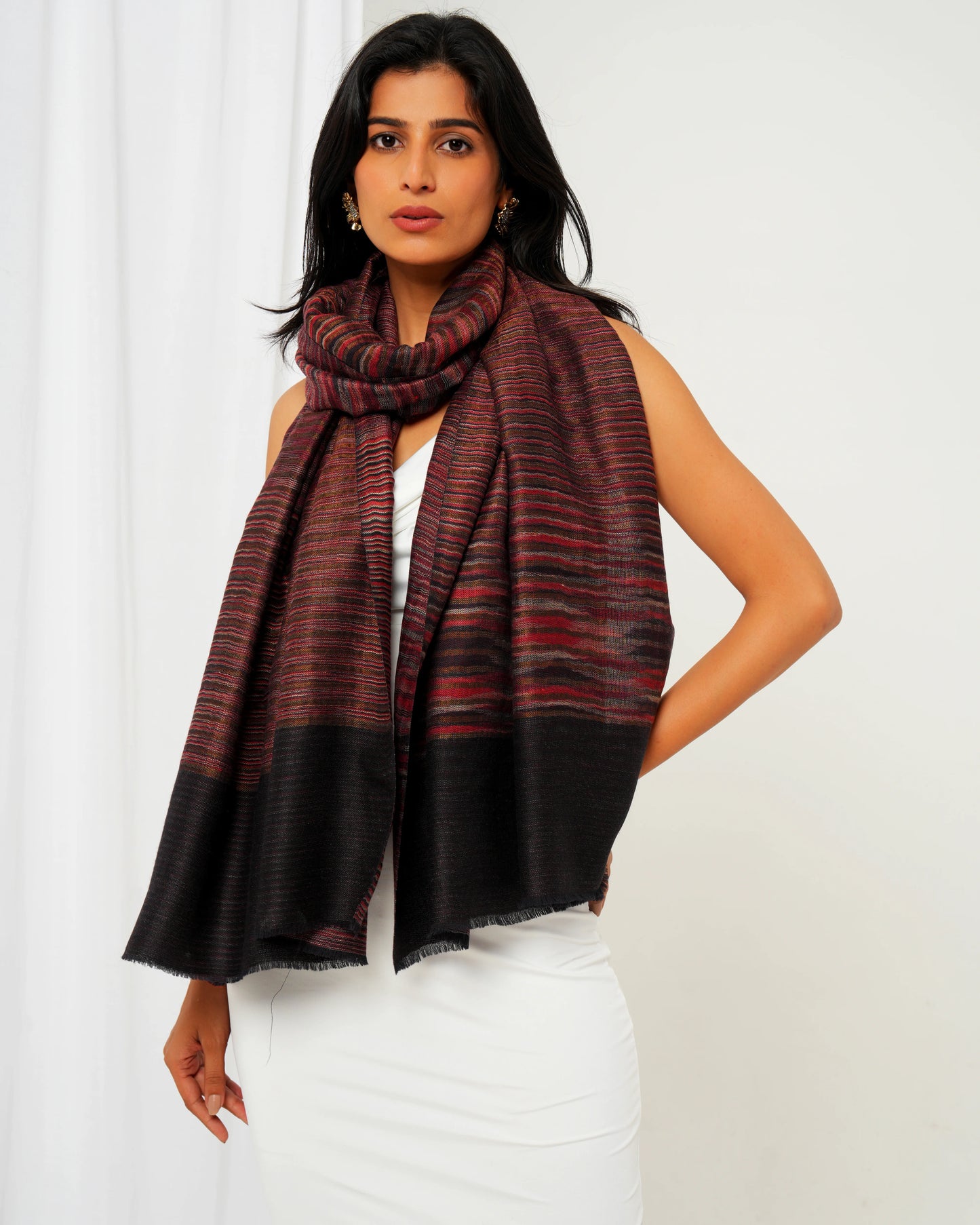 Pashmina stole in maroon base and multi colour stripes