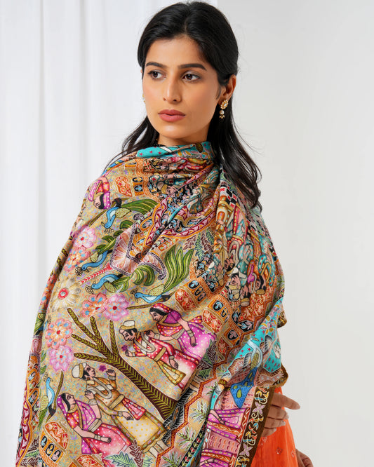 Pashmina shawl with multi-coloured extravagant print