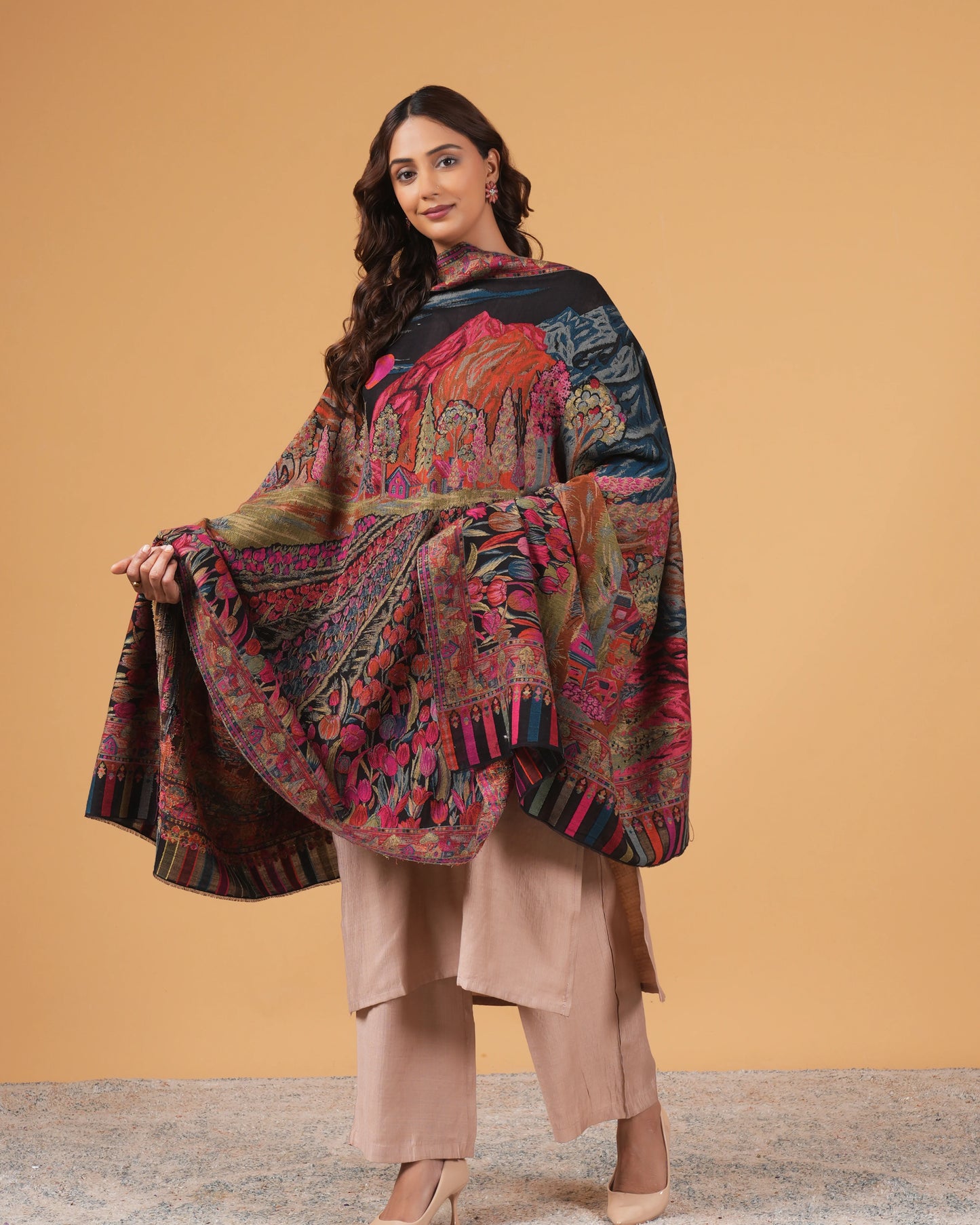 Black Base Woollen Shawl with Maroon Floral Border