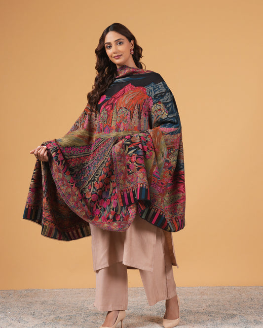 Black Base Woollen Shawl with Maroon Floral Border