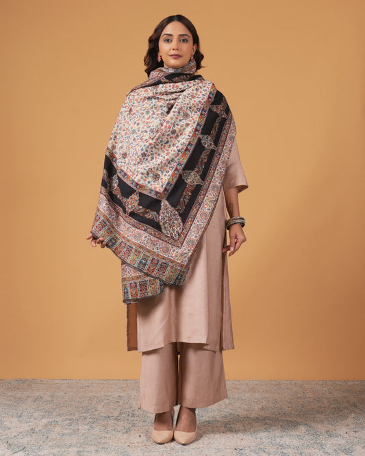 Woolen white base shawl with black border