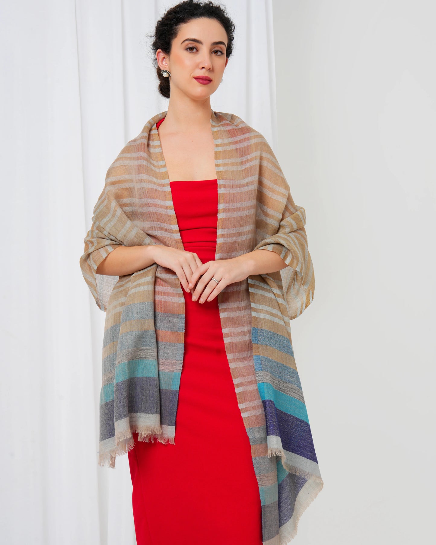 Woolen stole with cream base, and gold, navy blue and light blue stripes