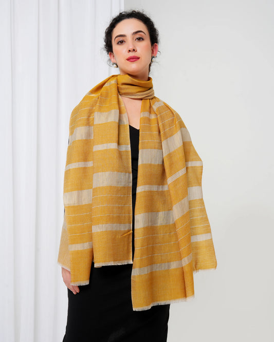 Cashmere stole in mustard colour with golden stripes