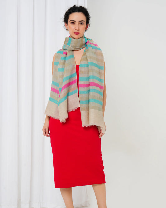 Cashmere shawl with green, pink, blue stripes