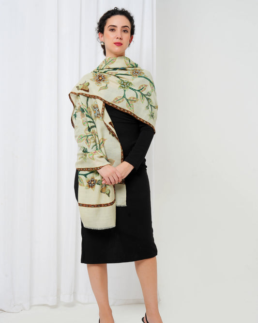 Pashmina stole with cream base and green print