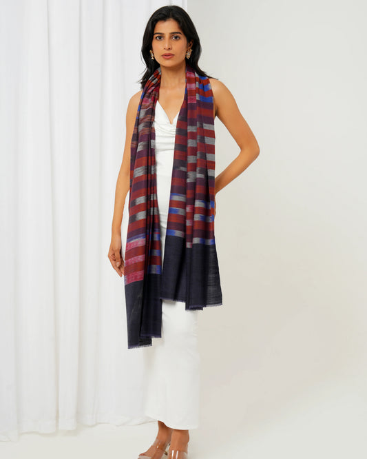 Pashmina stole with black base with multi-coloured stripes