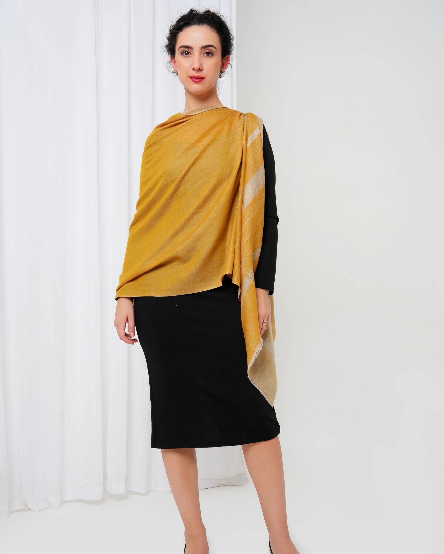 Cashmere stole in mustard colour with golden stripes