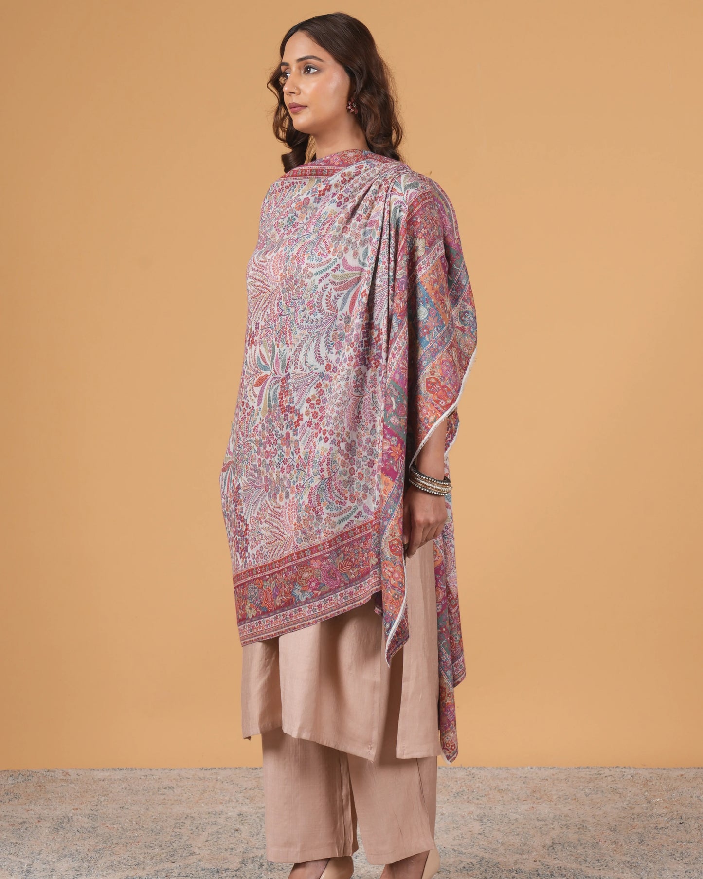 White Base Woollen Shawl with Maroon Floral Border
