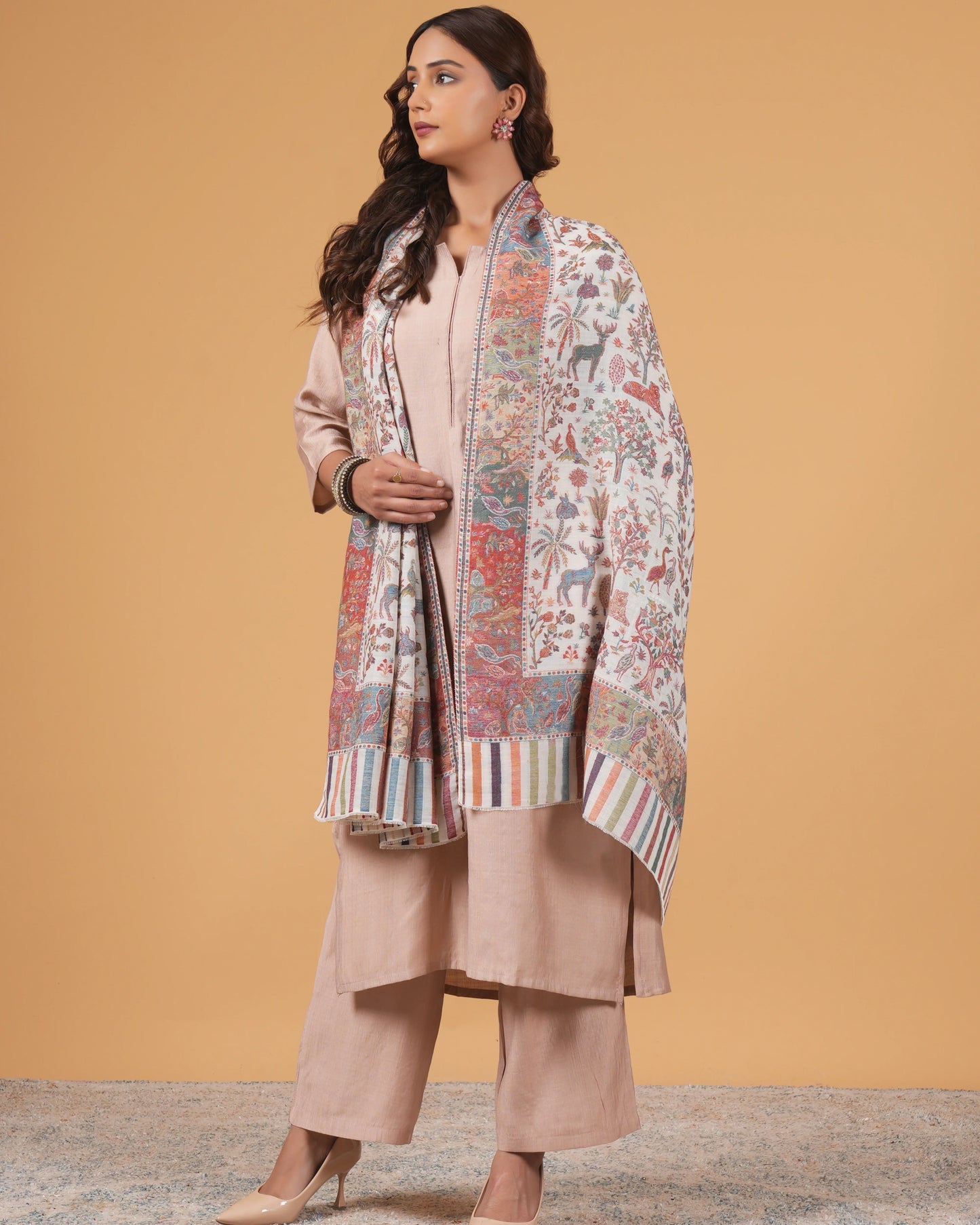 White Base Woollen Shawl with Multicolor Floral Pattern
