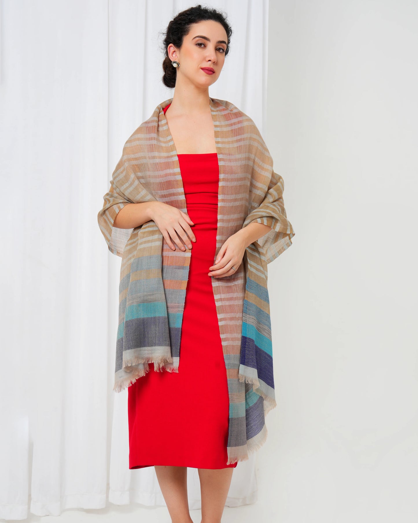 Woolen stole with cream base, and gold, navy blue and light blue stripes