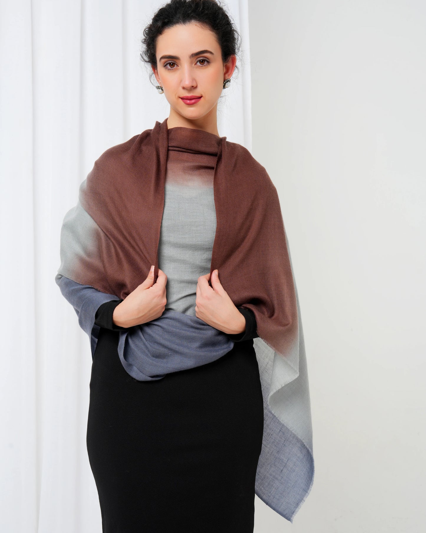 Cashmere stole with light grey base and brown and blue tie dye