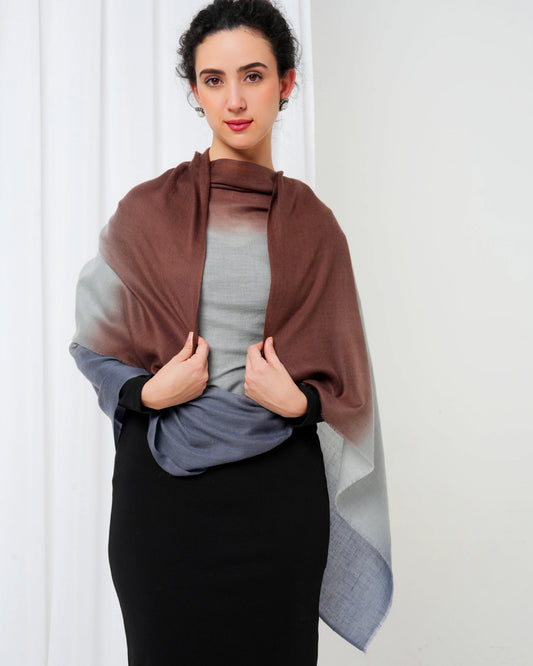 Cashmere stole with light grey base and brown and blue tie dye