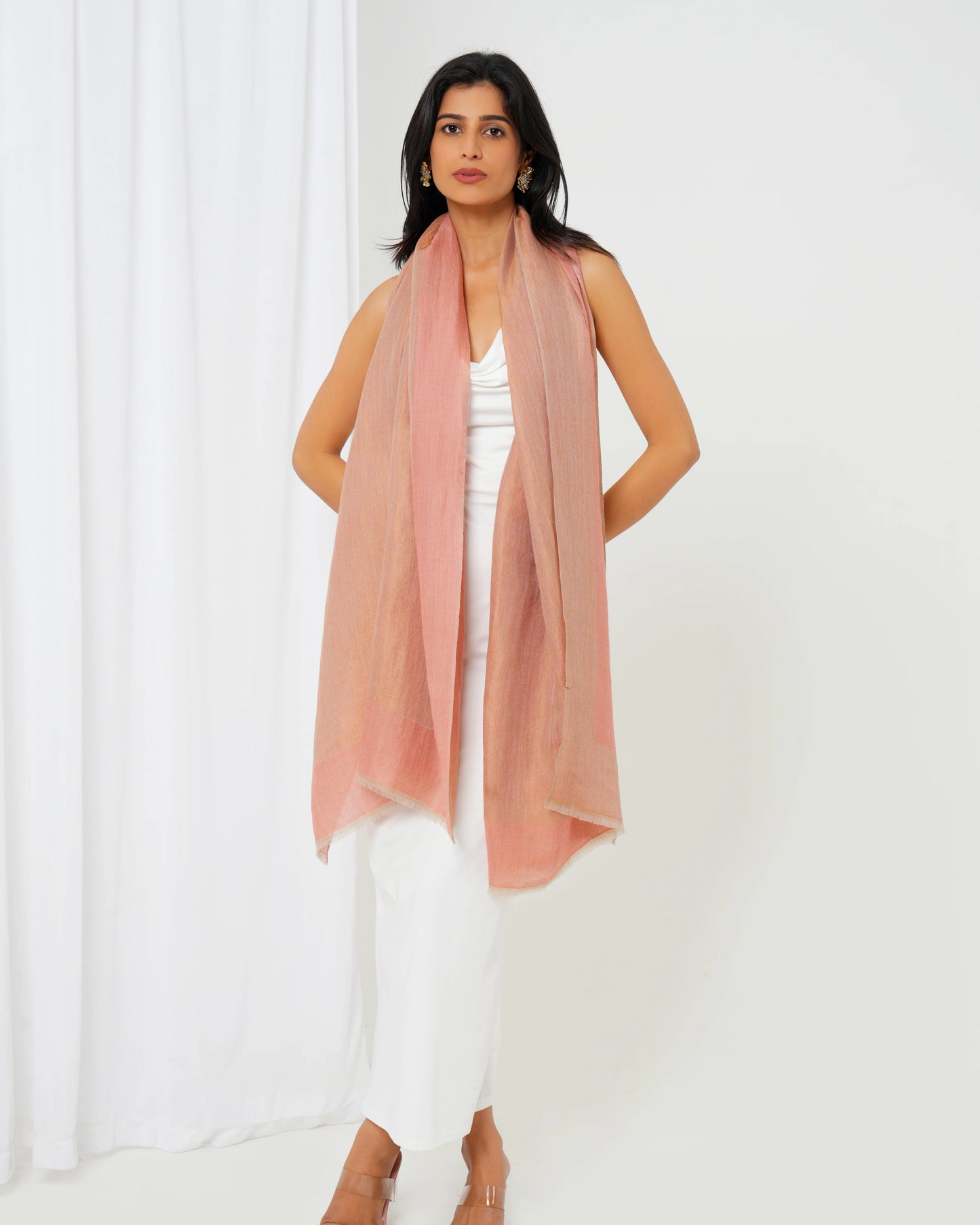 Cashmere stole in cream-rust with pink border