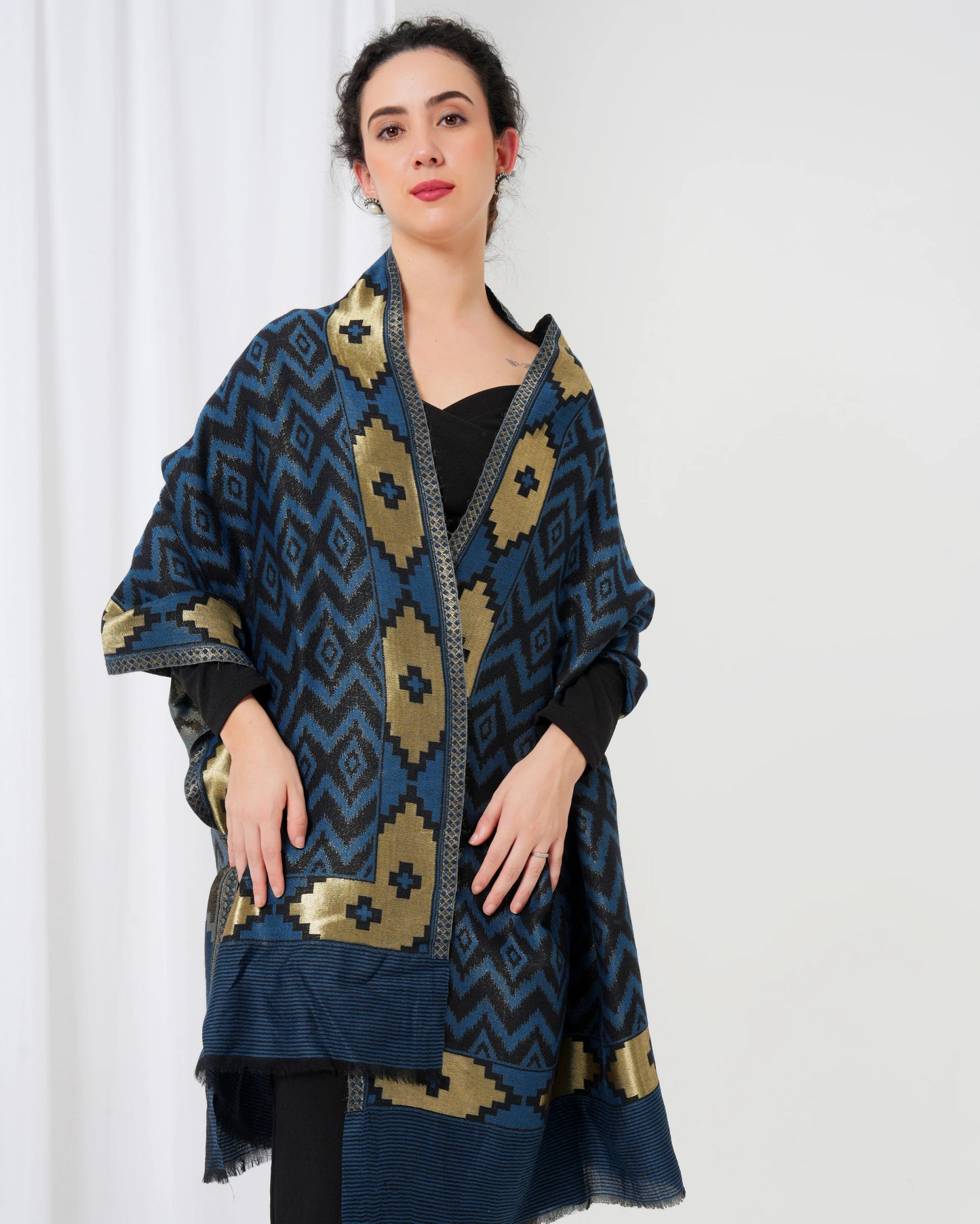 Wool stole with navy blue base with black diamond design