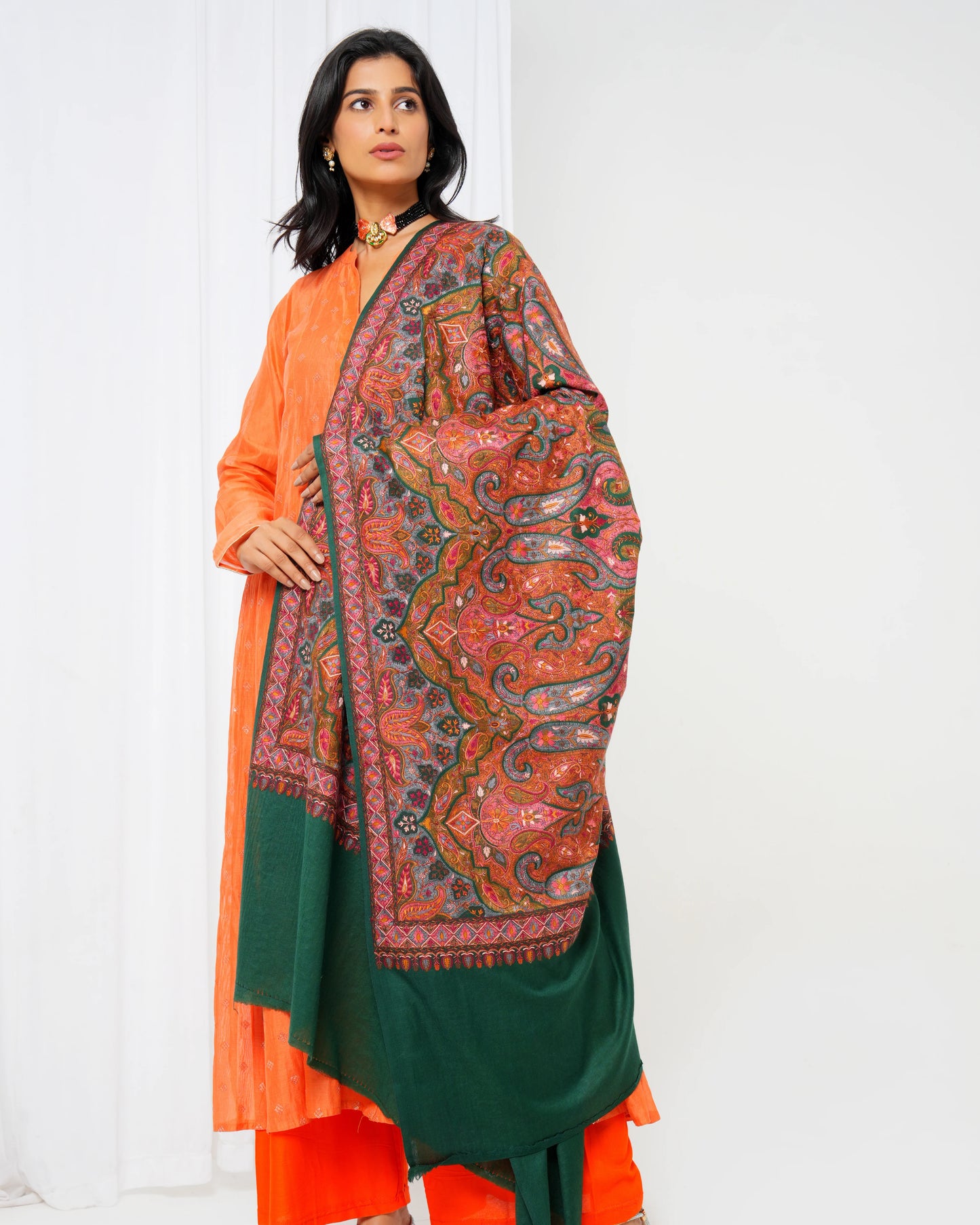 Wool shawl with green base and extravagant maroon print