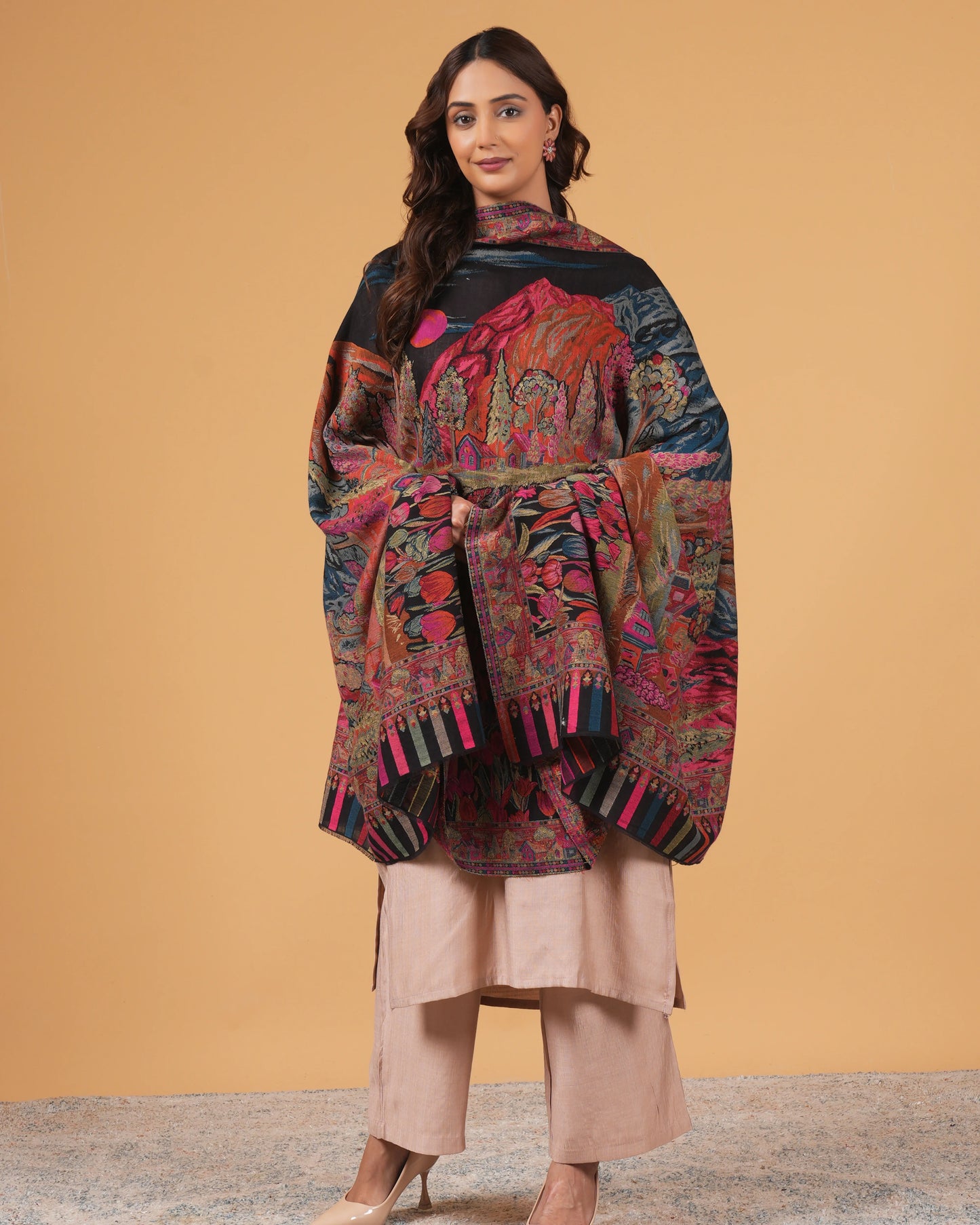 Black Base Woollen Shawl with Maroon Floral Border