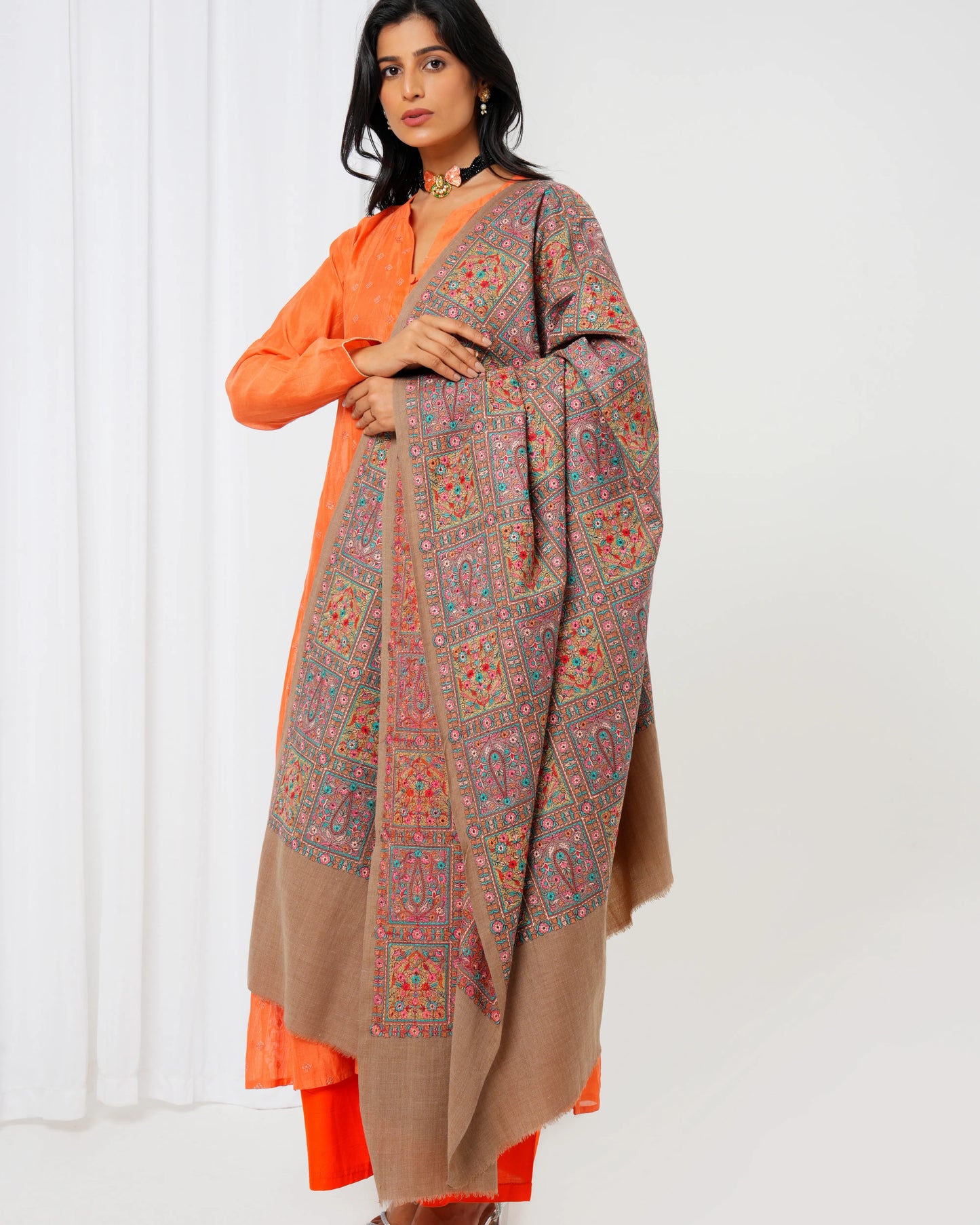 Wool shawl with brown base and full-size multi-coloured print
