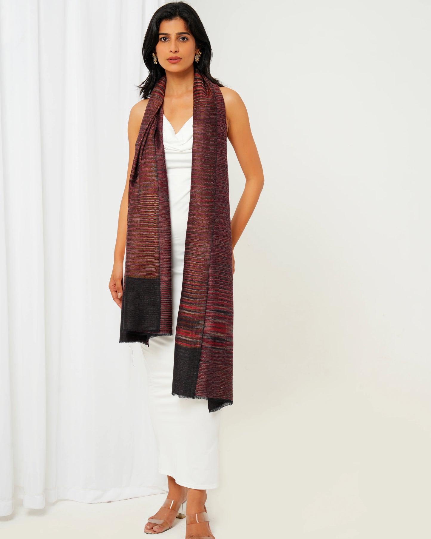 Pashmina stole in maroon base and multi colour stripes