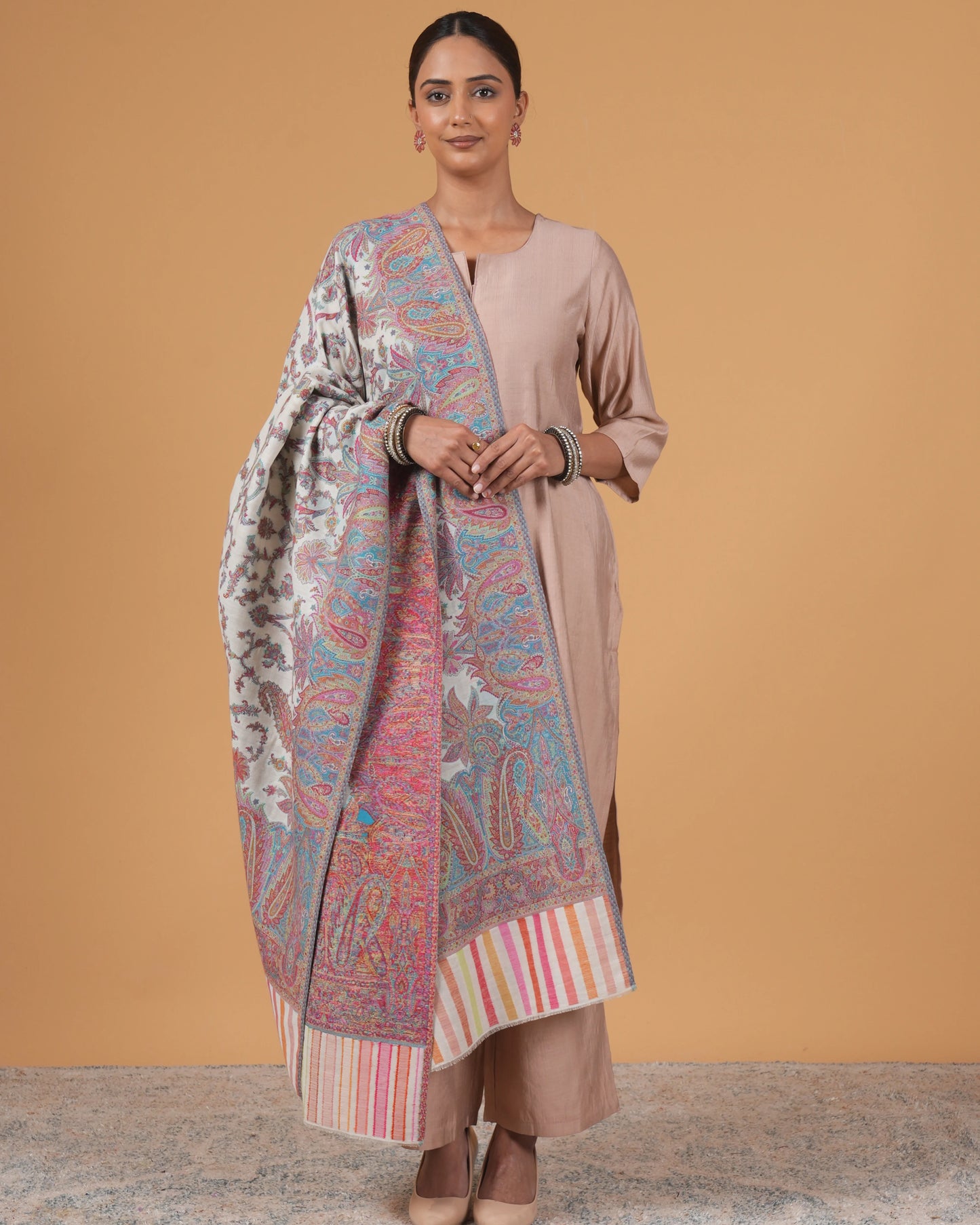 Woolen white base shawl with multi colour border