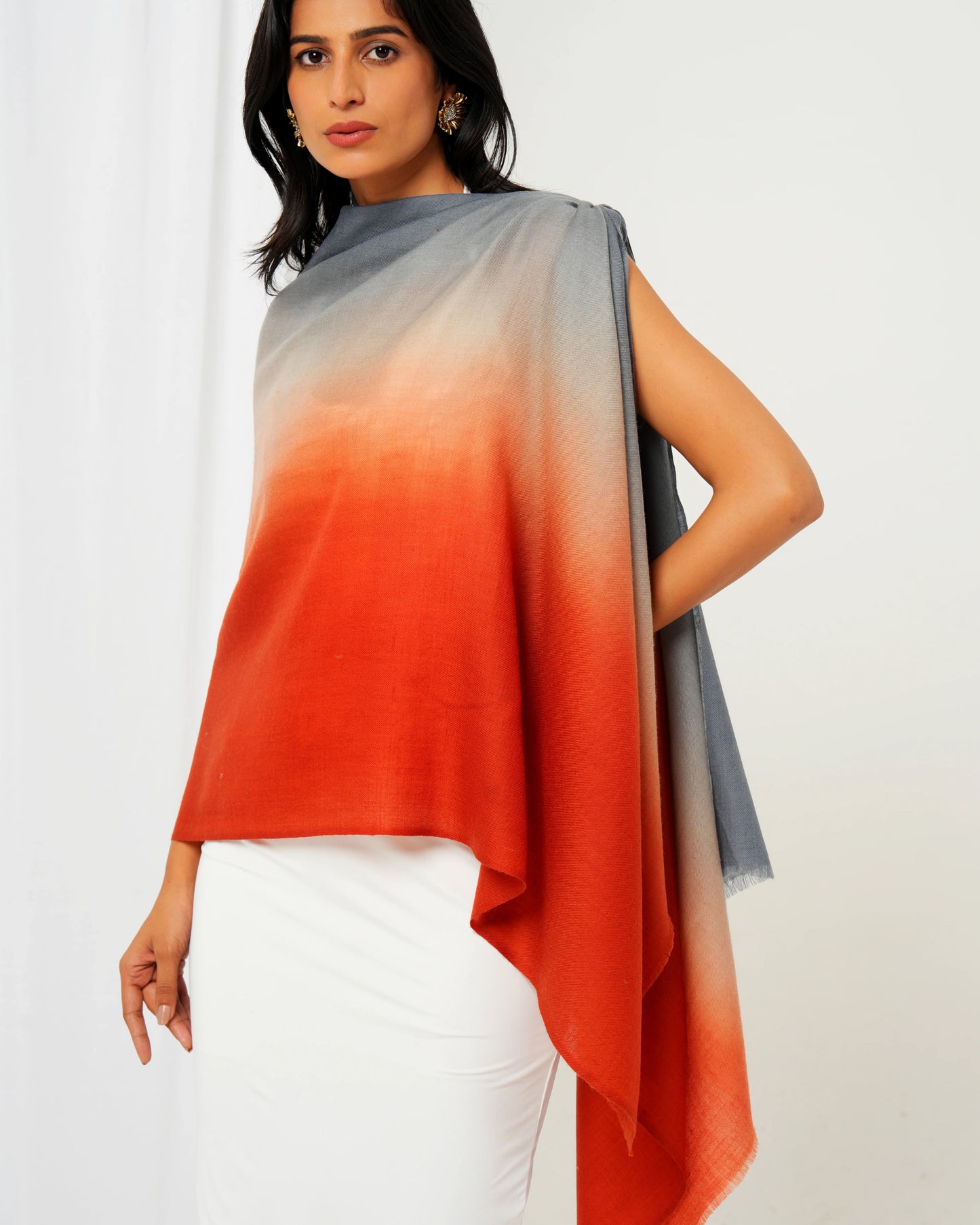 Cashmere stole in red, cream, and grey