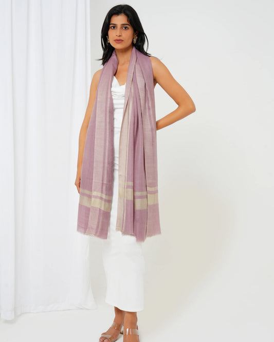 Cashmere stole with pink base and cream stripes