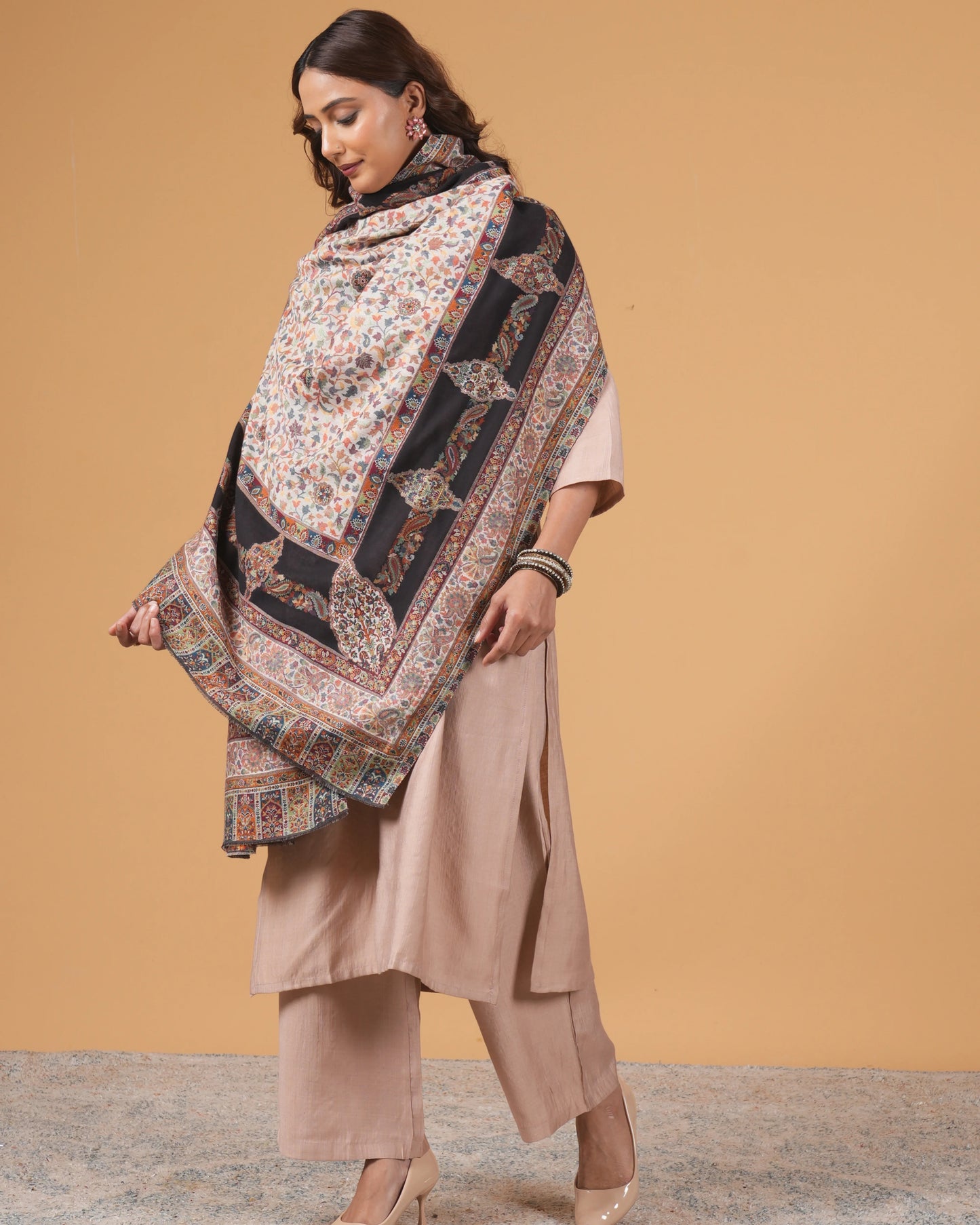 Woolen white base shawl with black border