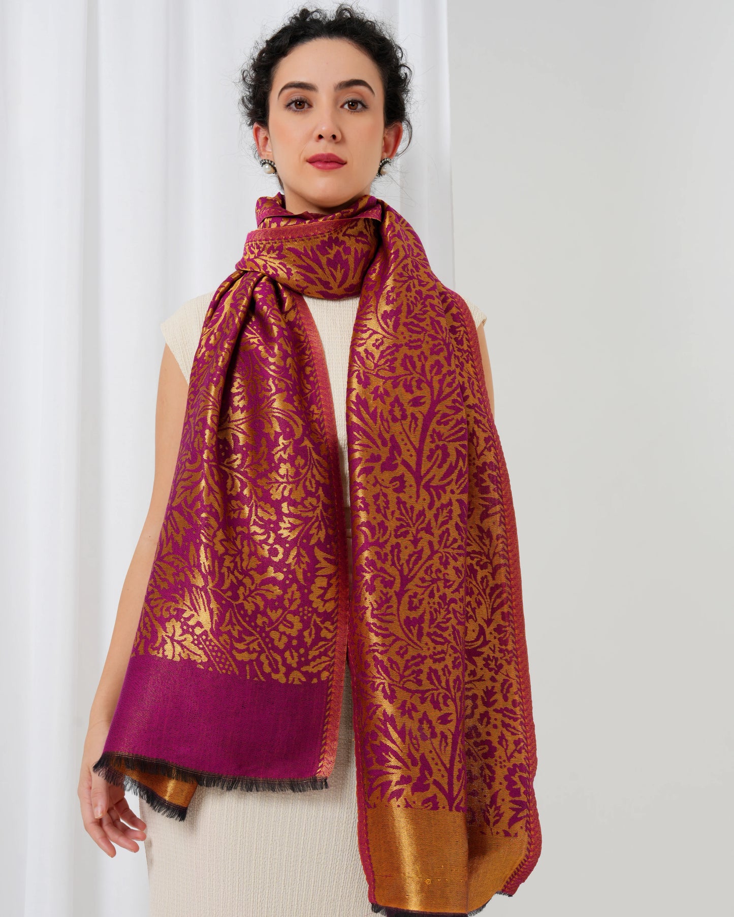 Wool stole with magenta base with golden design