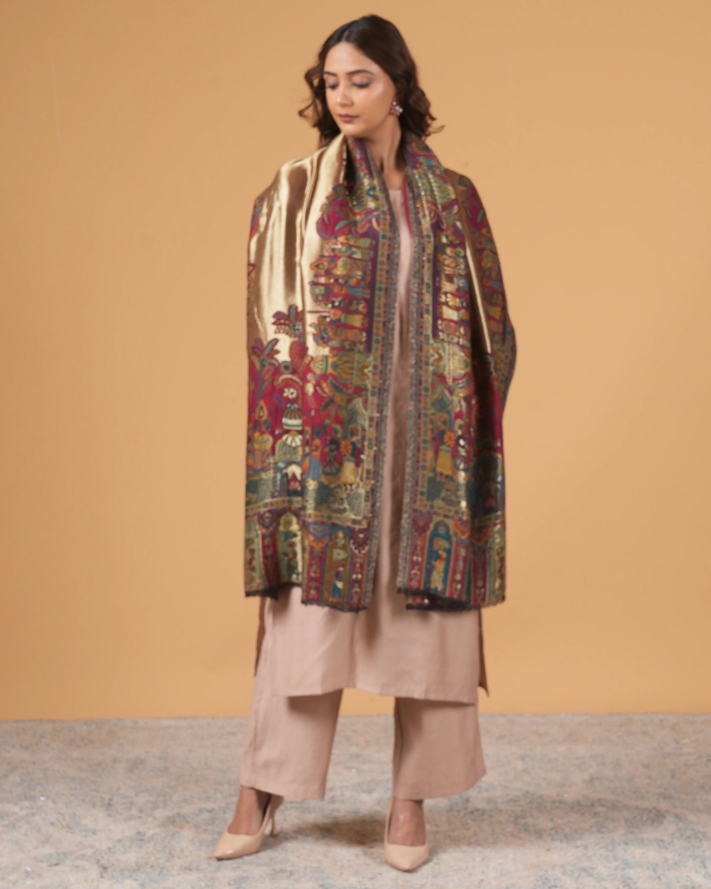 Golden Base Woollen Stole with Multicolor Pattern