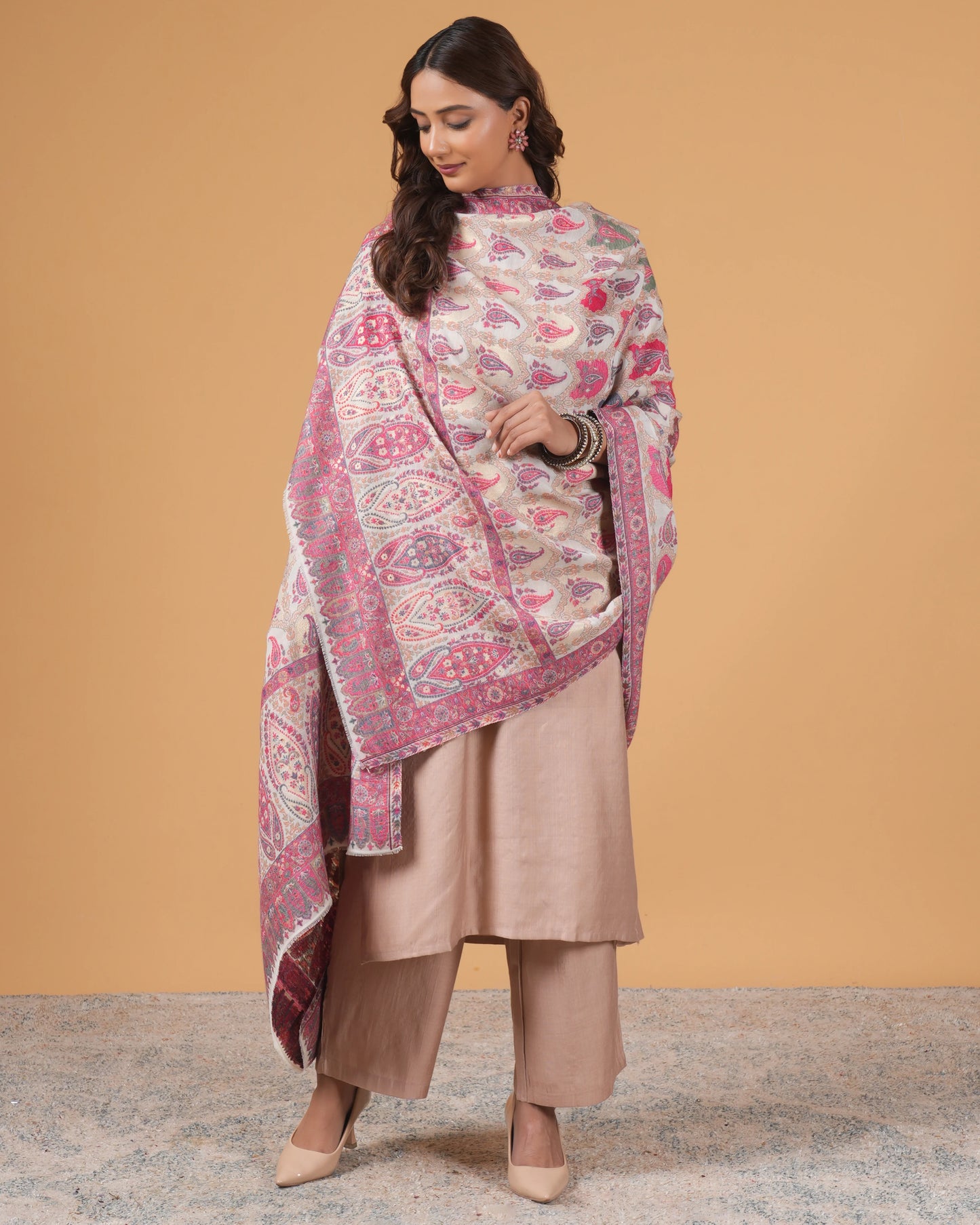 Woolen white base shawl with magenta border