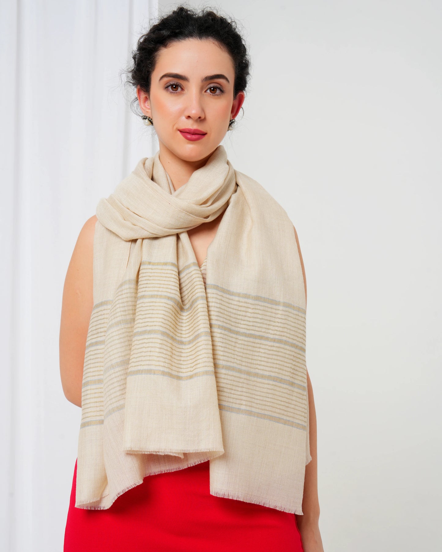 Cashmere stole in cream base with grey and gold stripes