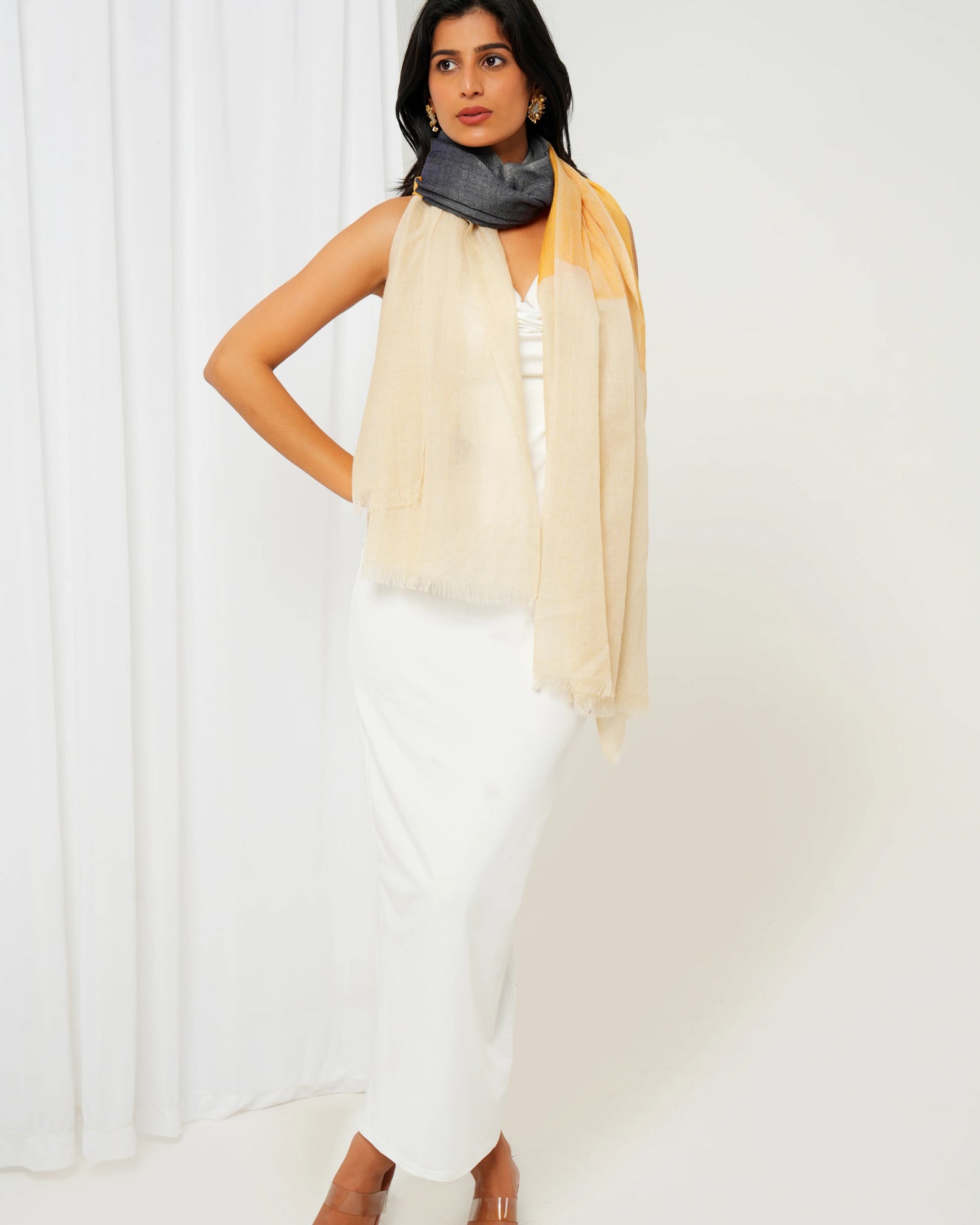 Cashmere stole with cream base, and grey and yellow highlights