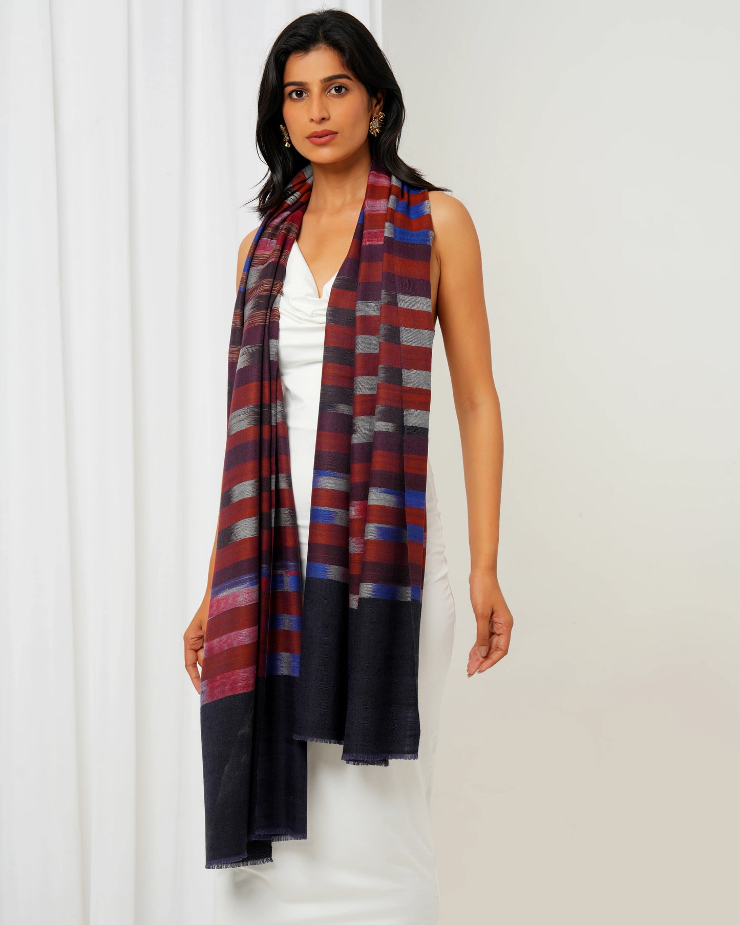 Pashmina stole with black base with multi-coloured stripes