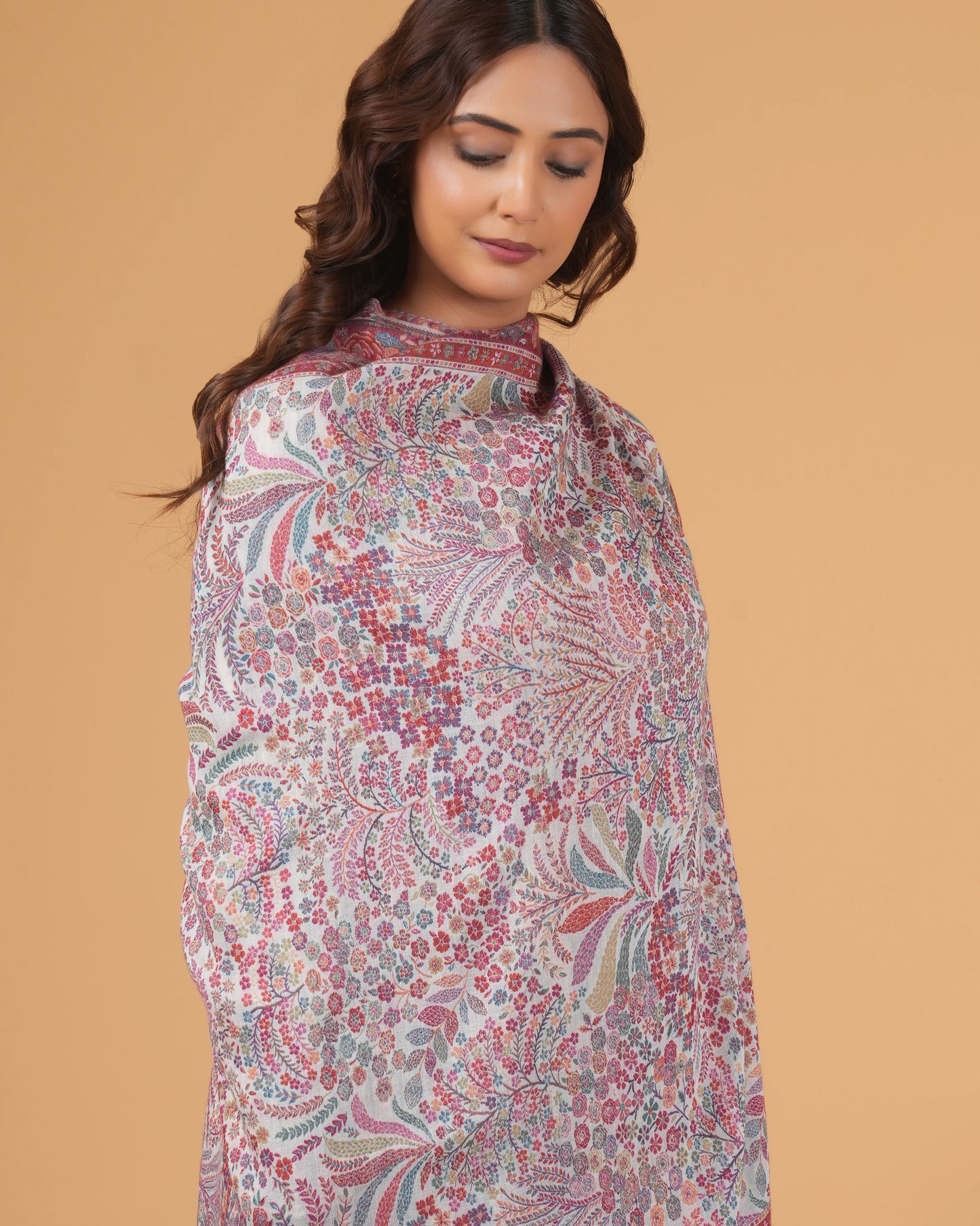 White Base Woollen Shawl with Maroon Floral Border
