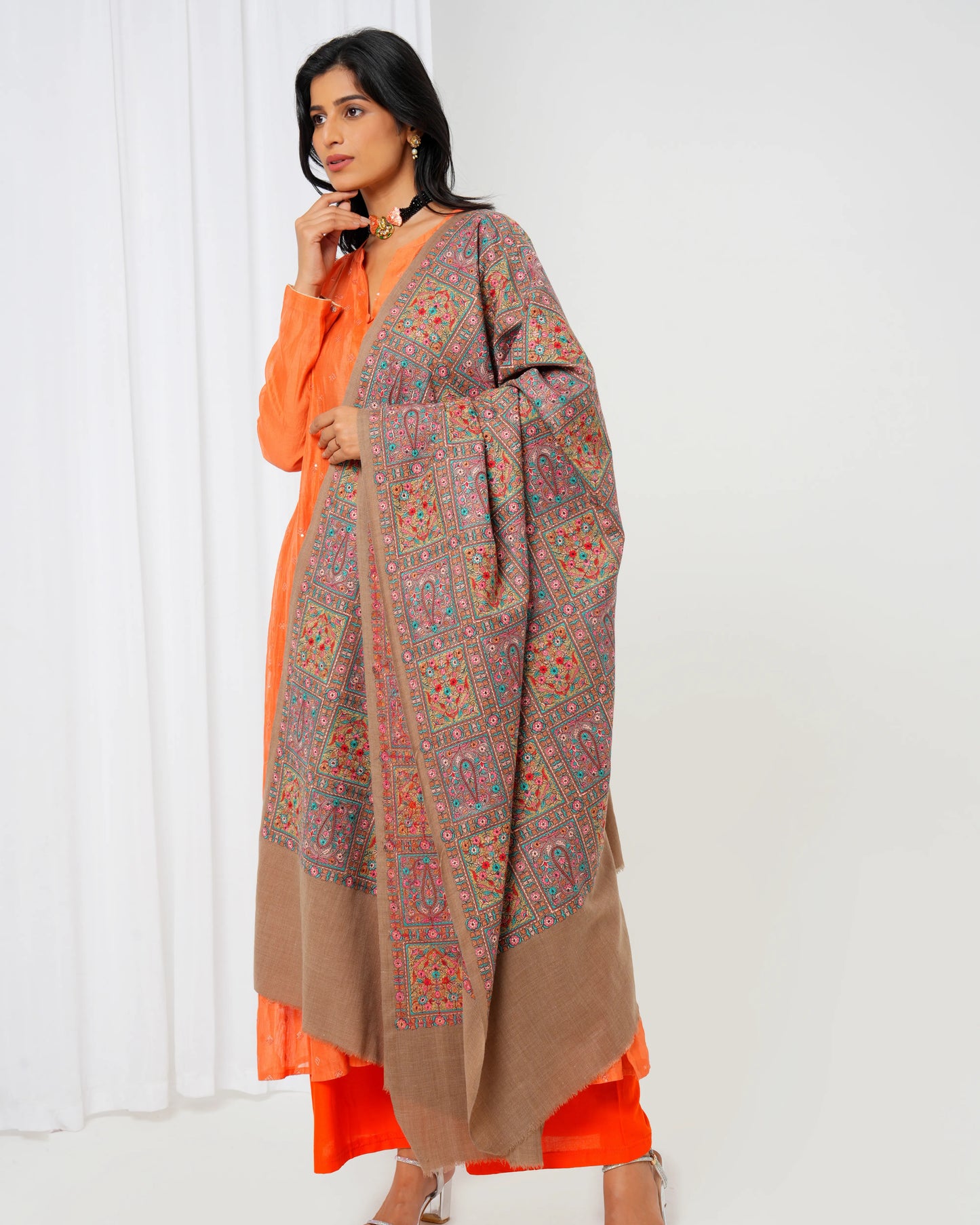 Wool shawl with brown base and full-size multi-coloured print