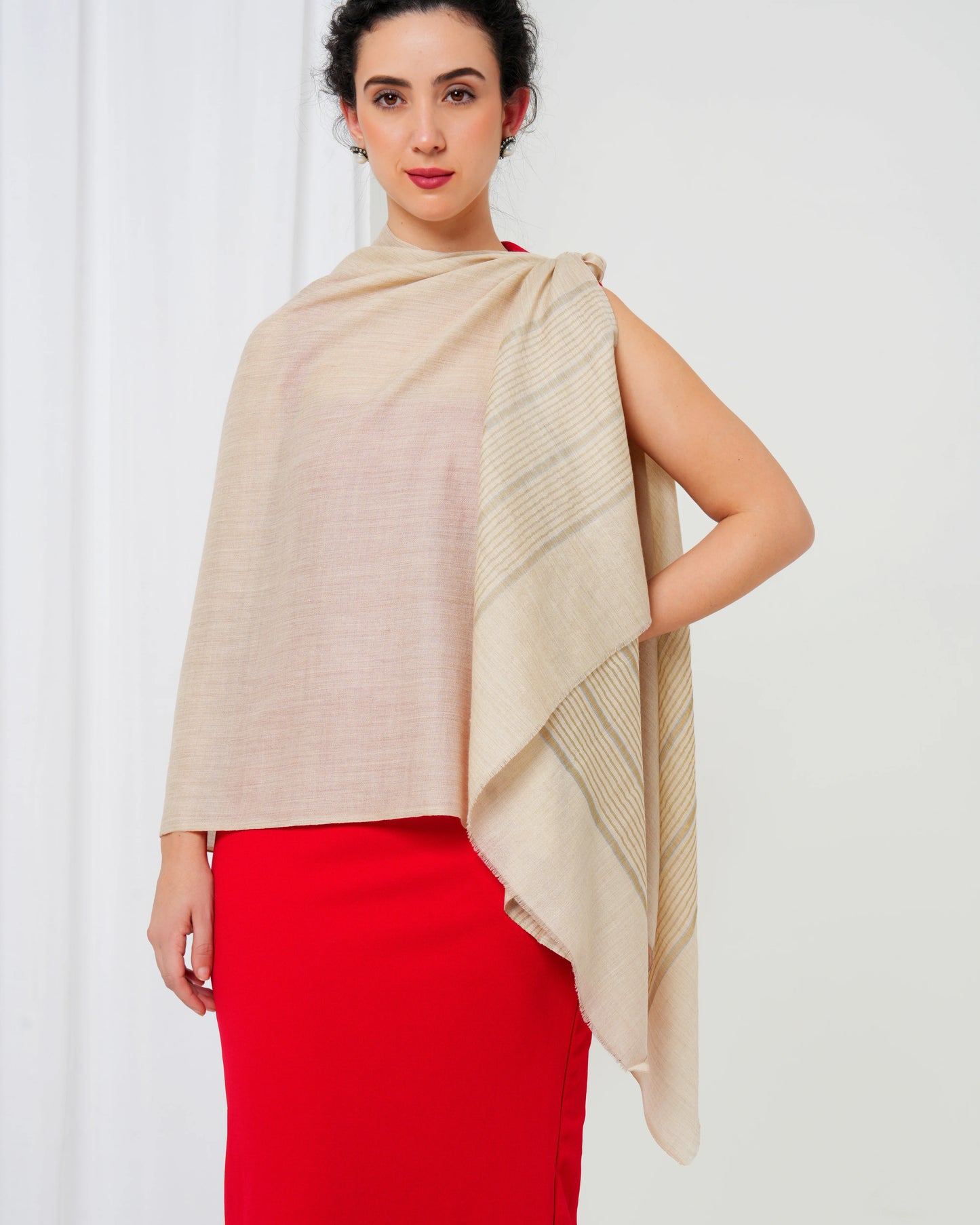 Cashmere stole in cream base with grey and gold stripes