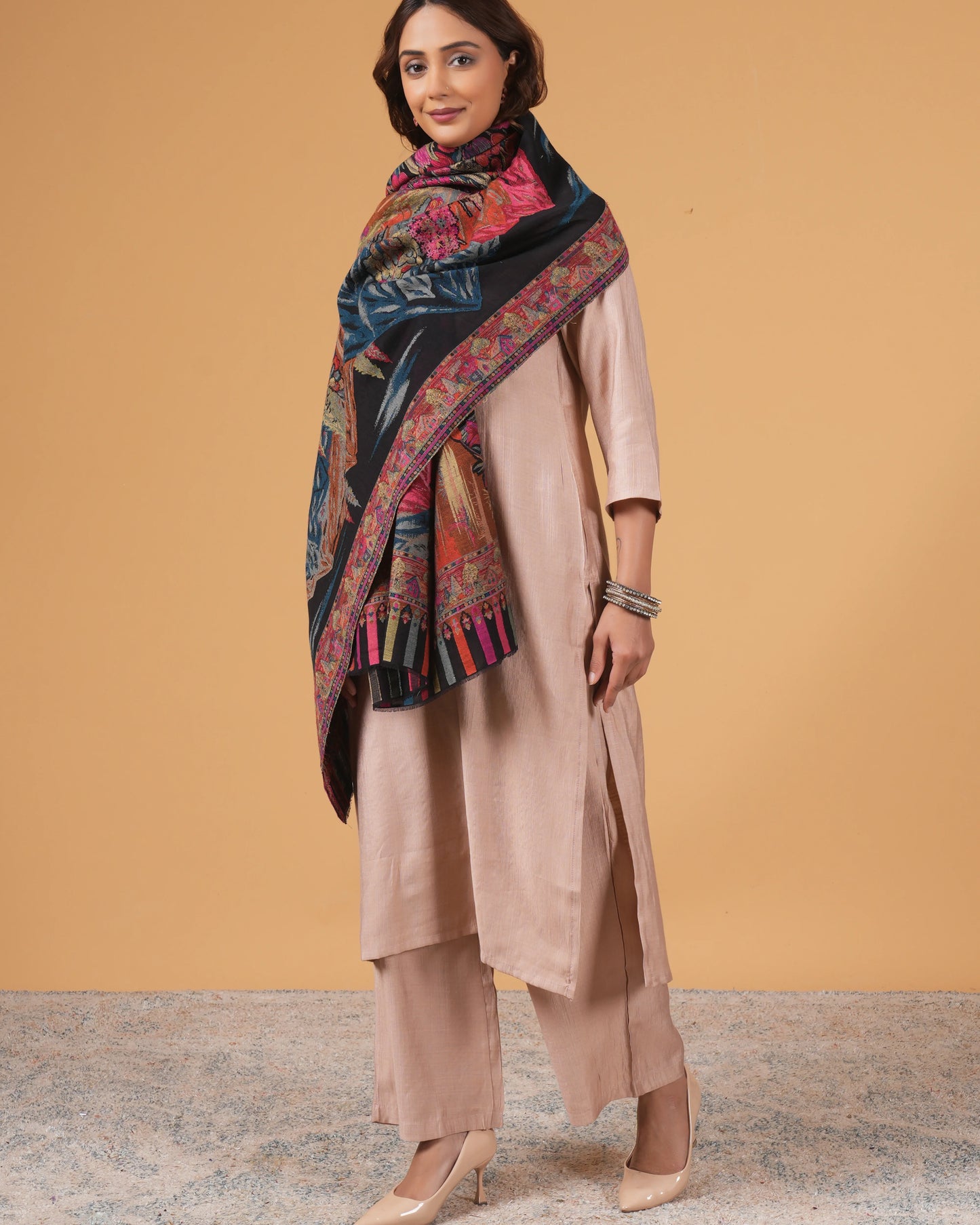 Black Base Woollen Shawl with Maroon Floral Border