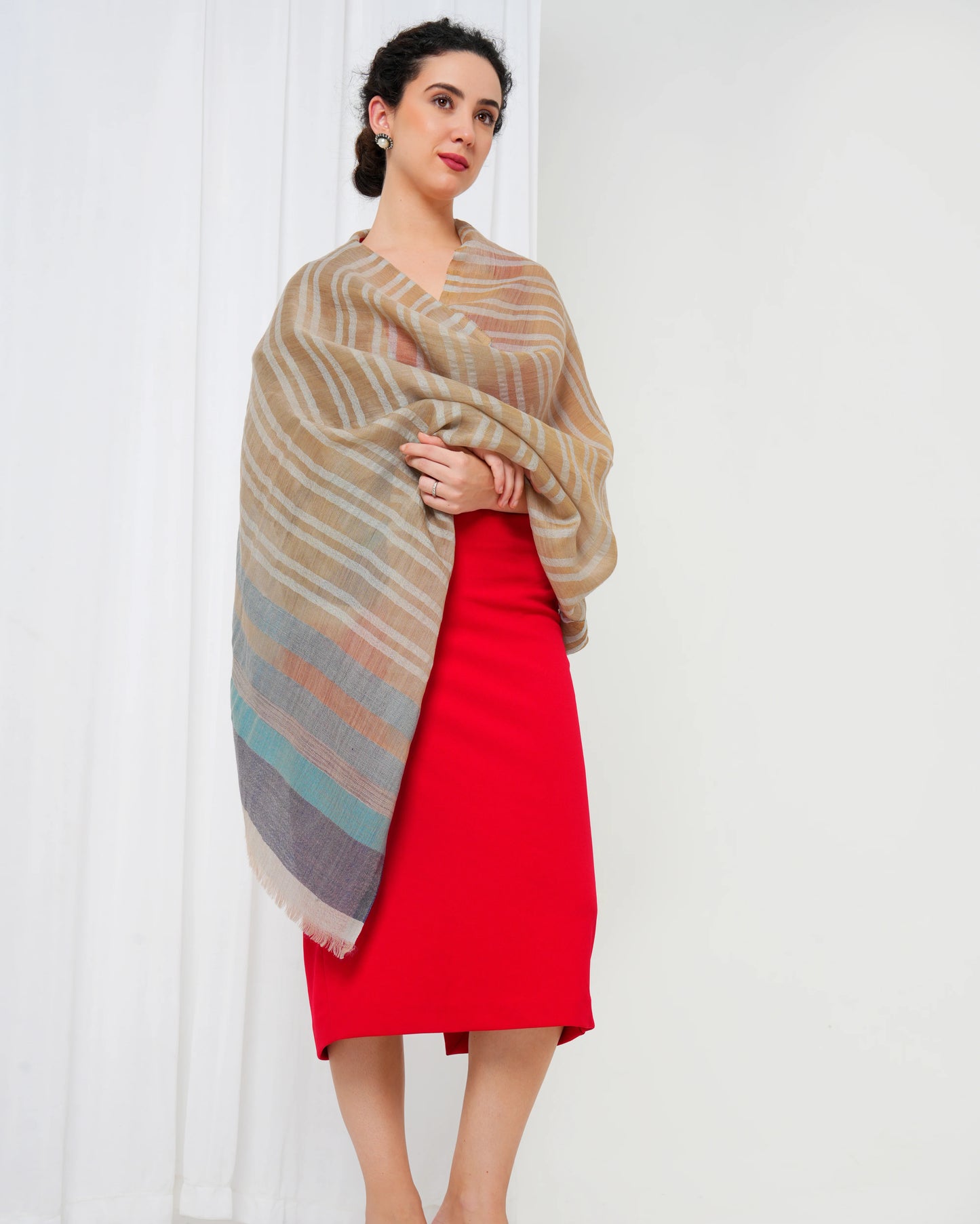 Woolen stole with cream base, and gold, navy blue and light blue stripes