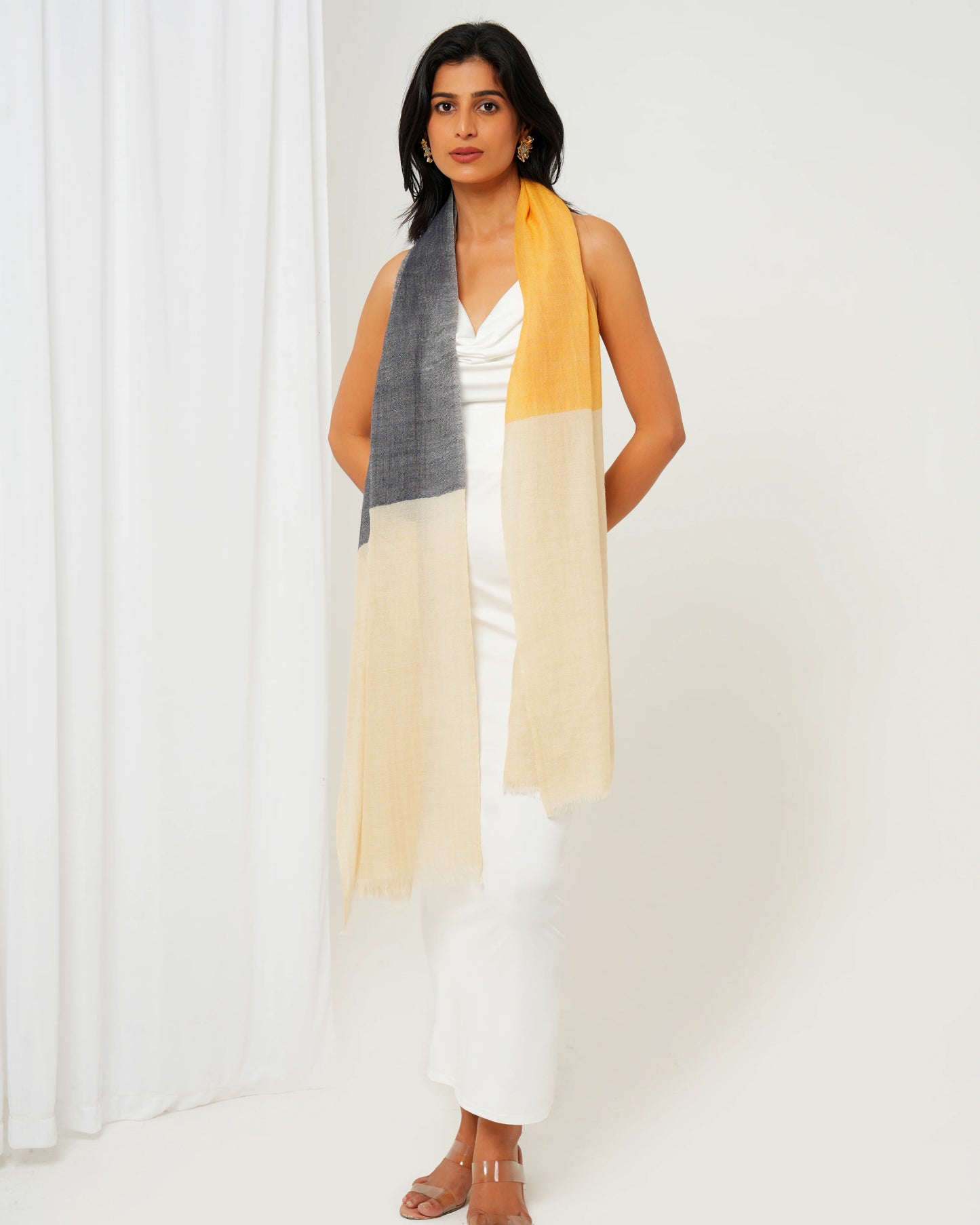 Cashmere stole with cream base, and grey and yellow highlights