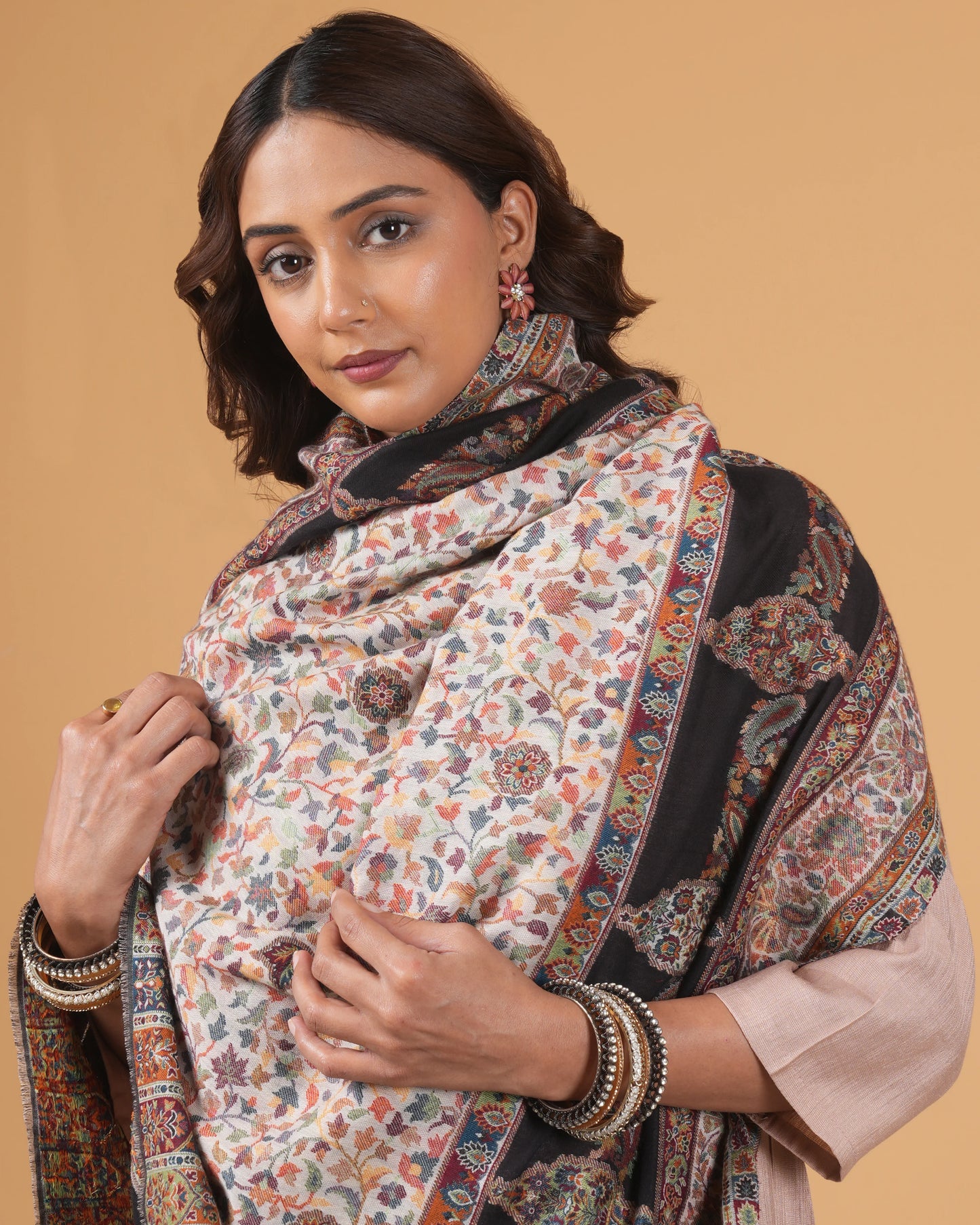 Woolen white base shawl with black border