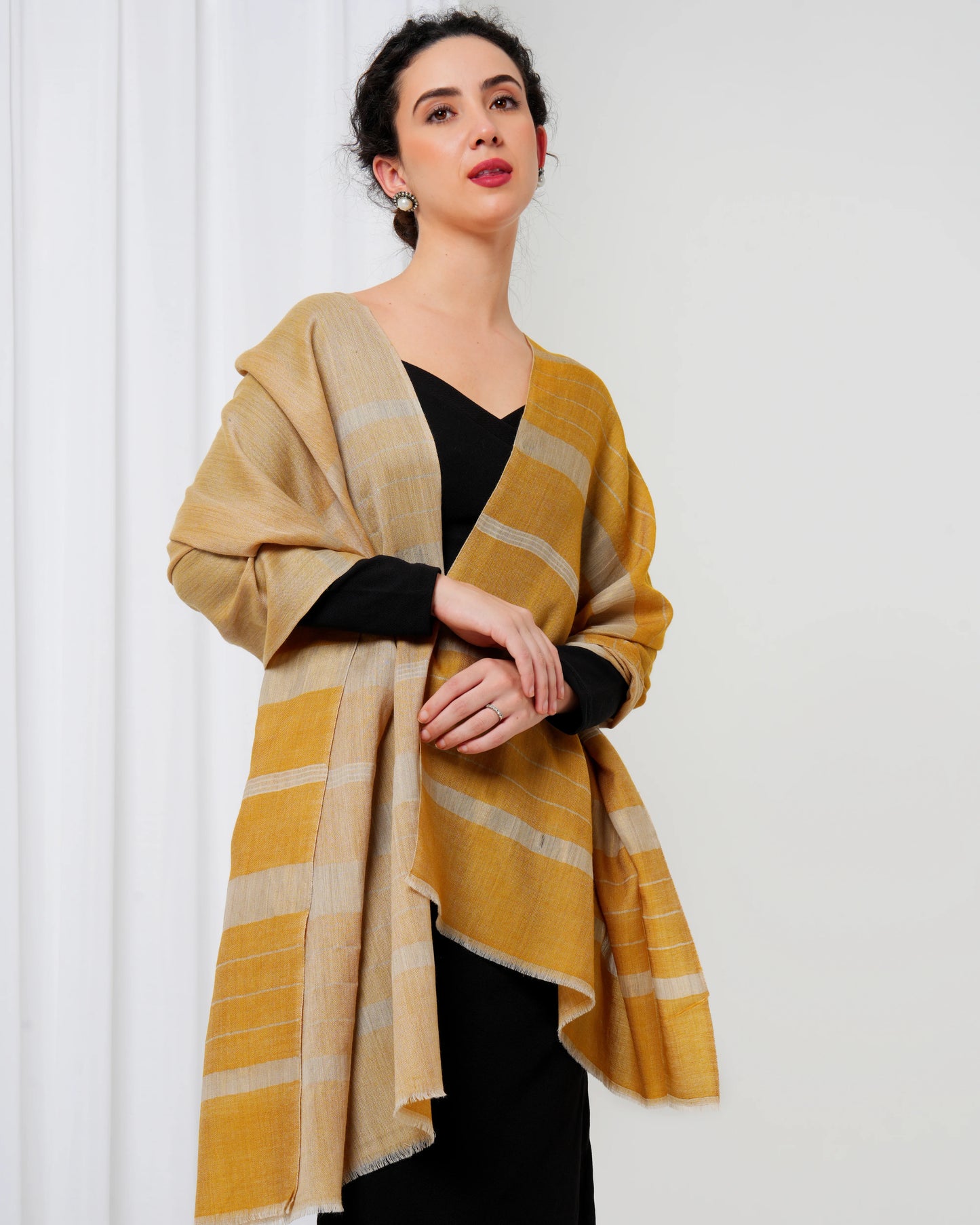 Cashmere stole in mustard colour with golden stripes