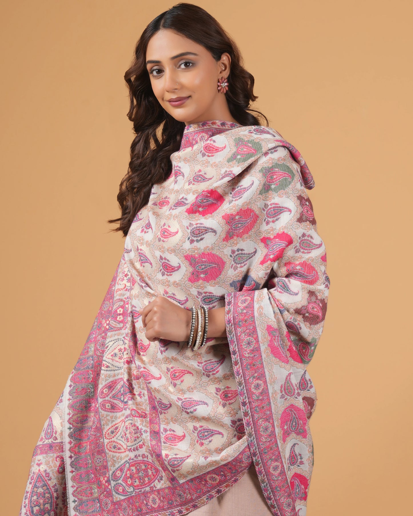 Woolen white base shawl with magenta border