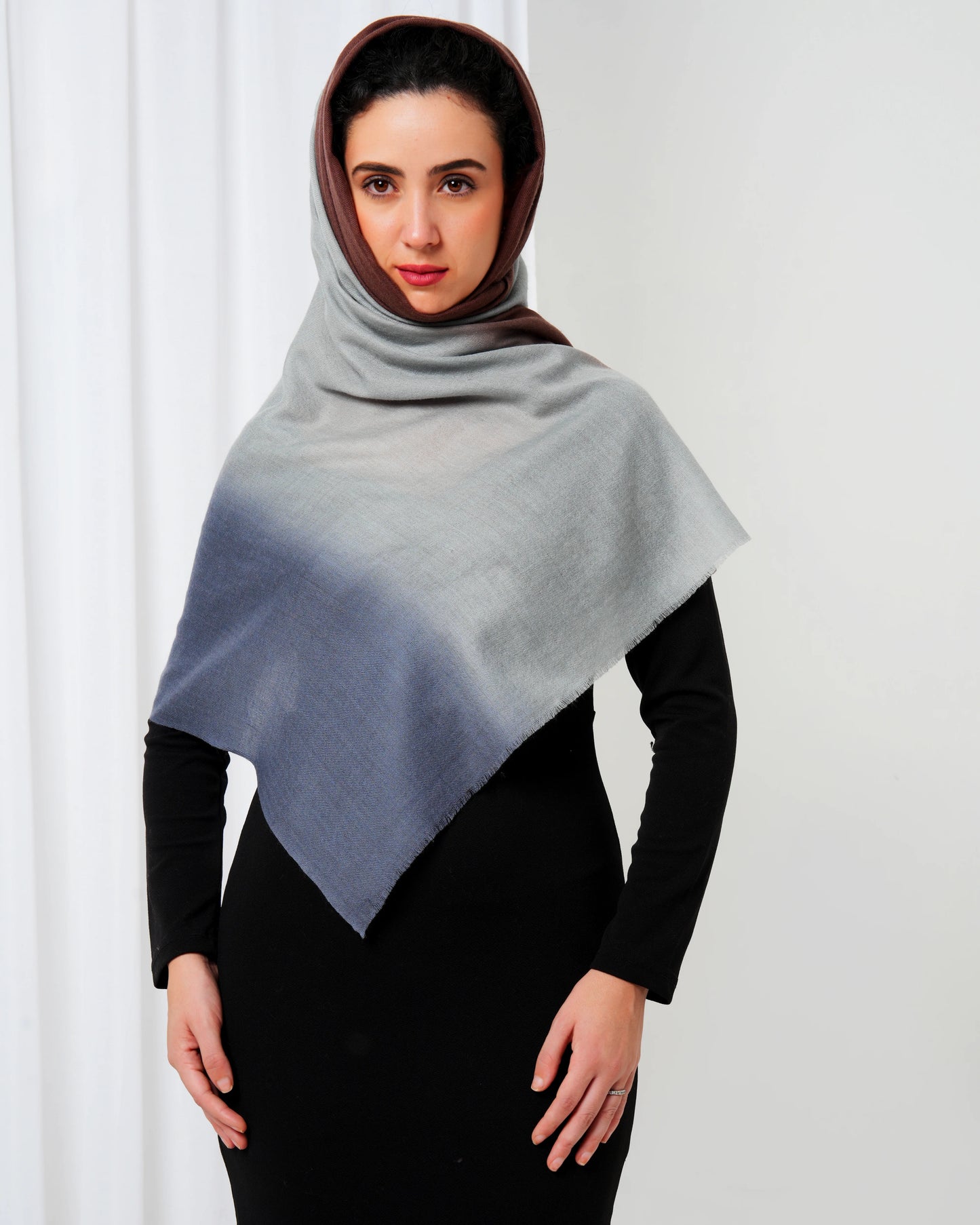 Cashmere stole with light grey base and brown and blue tie dye